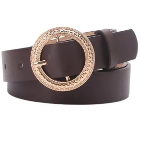 105cm Women's Dark Brown Genuine Leather Retro Belt with Gold Metal Round Buckle