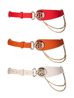 3-Pack Red Orange Ivory White Stretchy Belts With Gold Chains