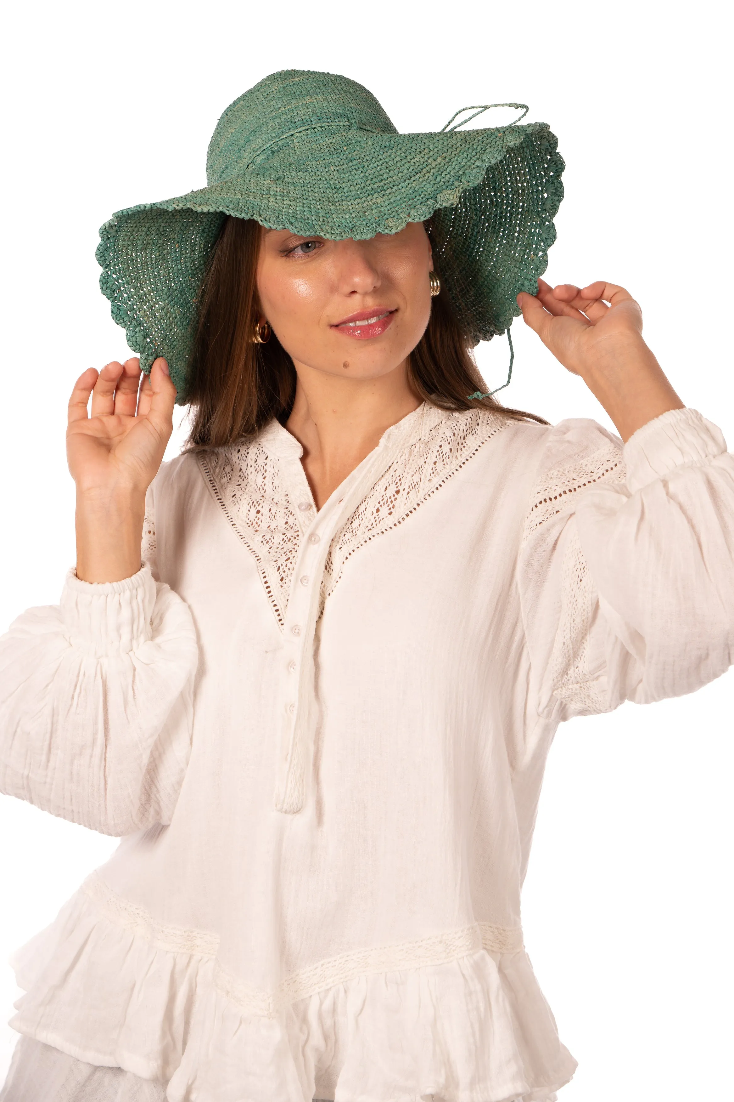 4" Brim Genevieve Crochet Straw Sun Hats with Lace Weave Edge