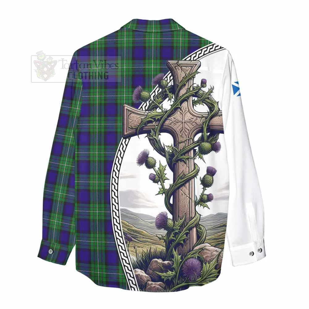 Alexander Tartan Women's Casual Shirt with Family Crest and St. Andrew's Cross Accented by Thistle Vines