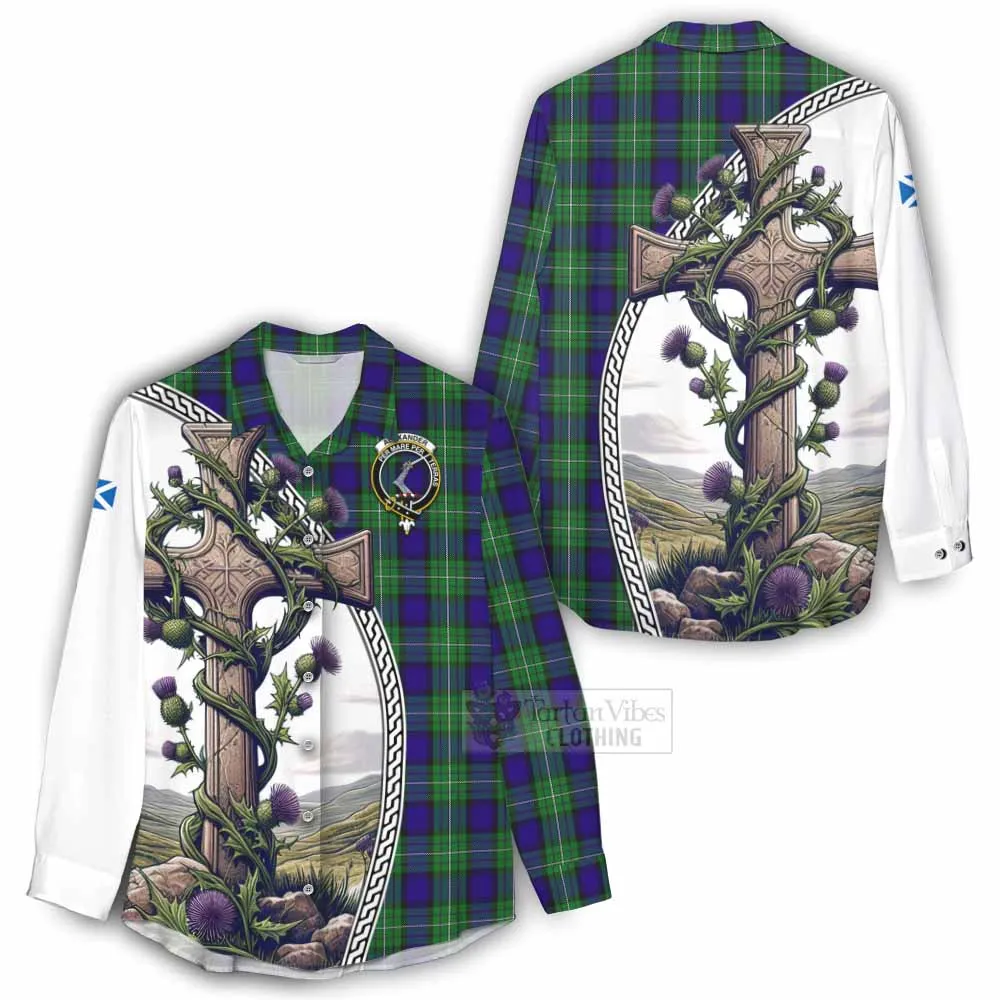 Alexander Tartan Women's Casual Shirt with Family Crest and St. Andrew's Cross Accented by Thistle Vines