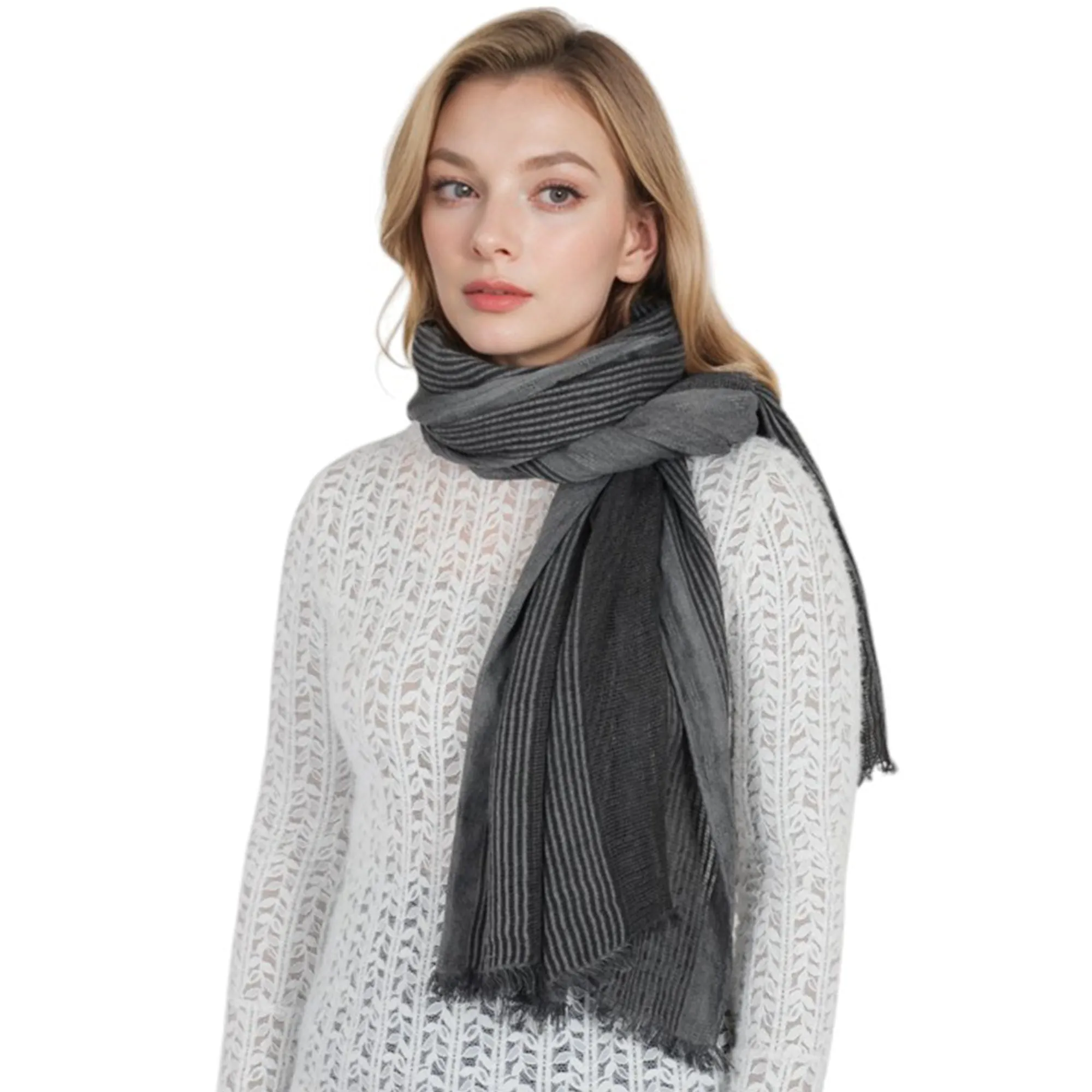 Anna-Kaci Vintage Textured Striped Scarf Lightweight Fringed Soft Warm Wrap Shawls for Women
