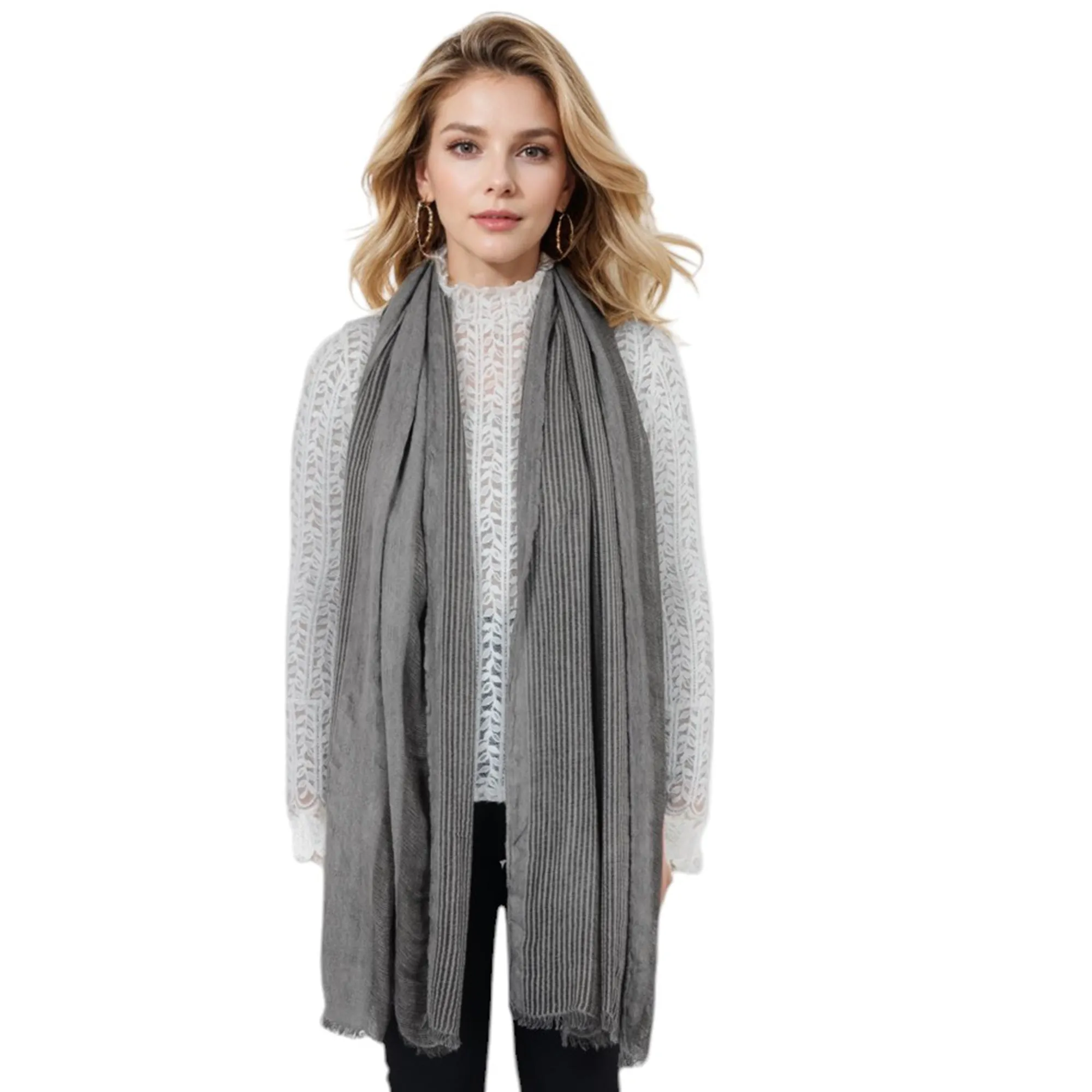 Anna-Kaci Vintage Textured Striped Scarf Lightweight Fringed Soft Warm Wrap Shawls for Women