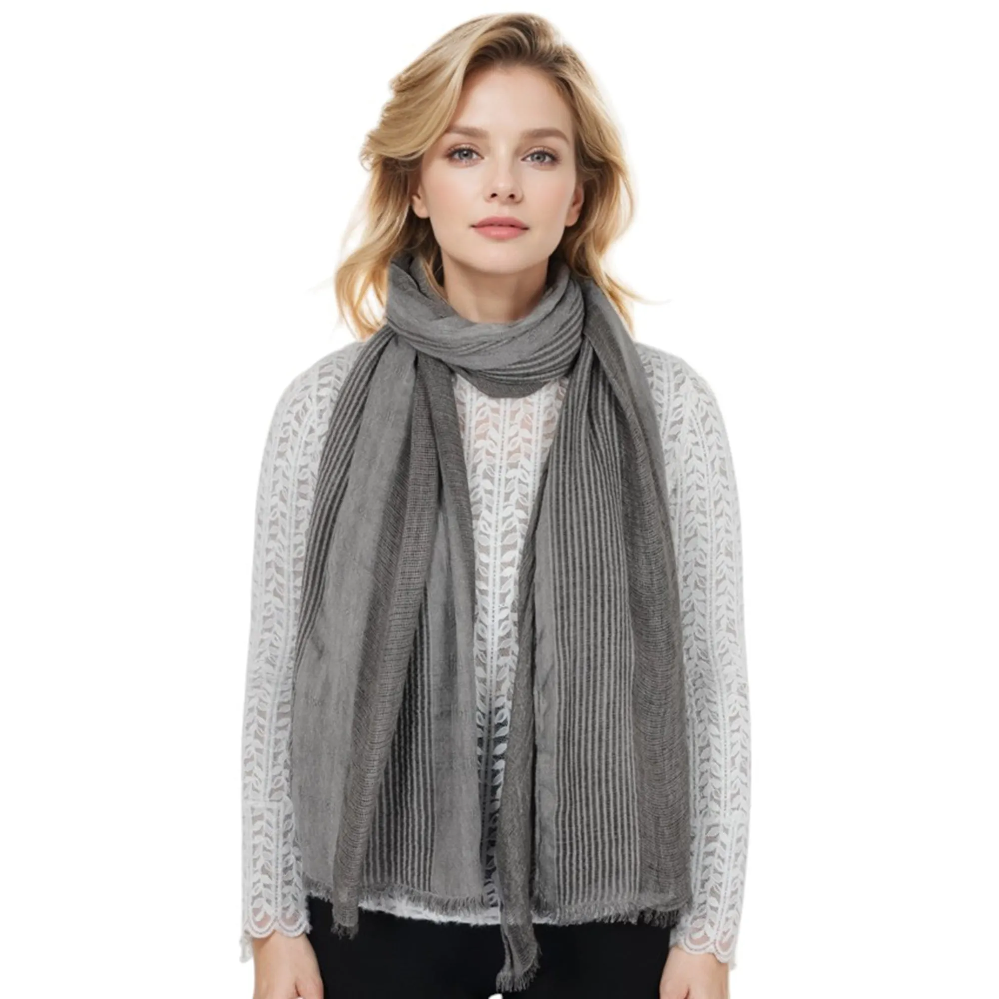 Anna-Kaci Vintage Textured Striped Scarf Lightweight Fringed Soft Warm Wrap Shawls for Women
