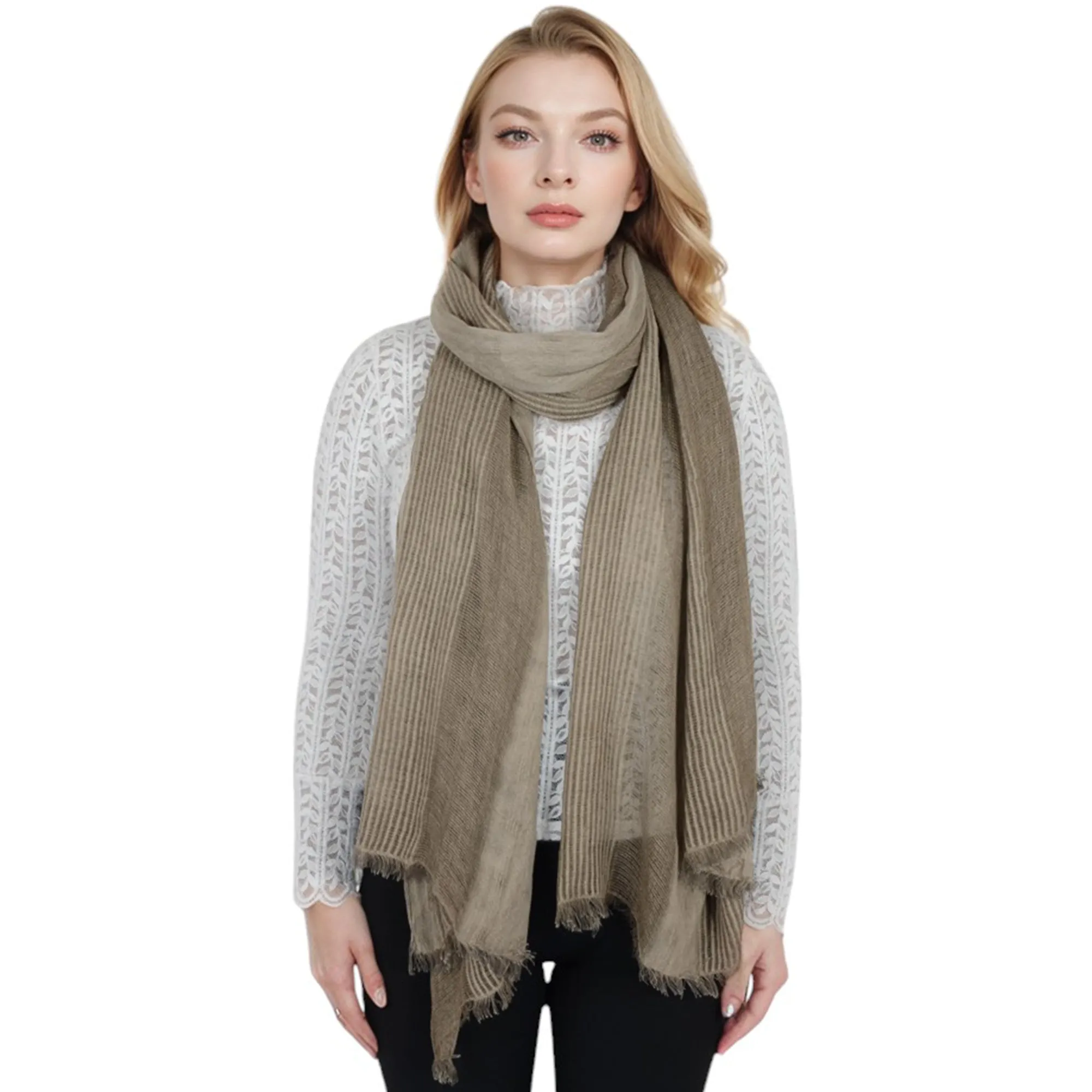 Anna-Kaci Vintage Textured Striped Scarf Lightweight Fringed Soft Warm Wrap Shawls for Women