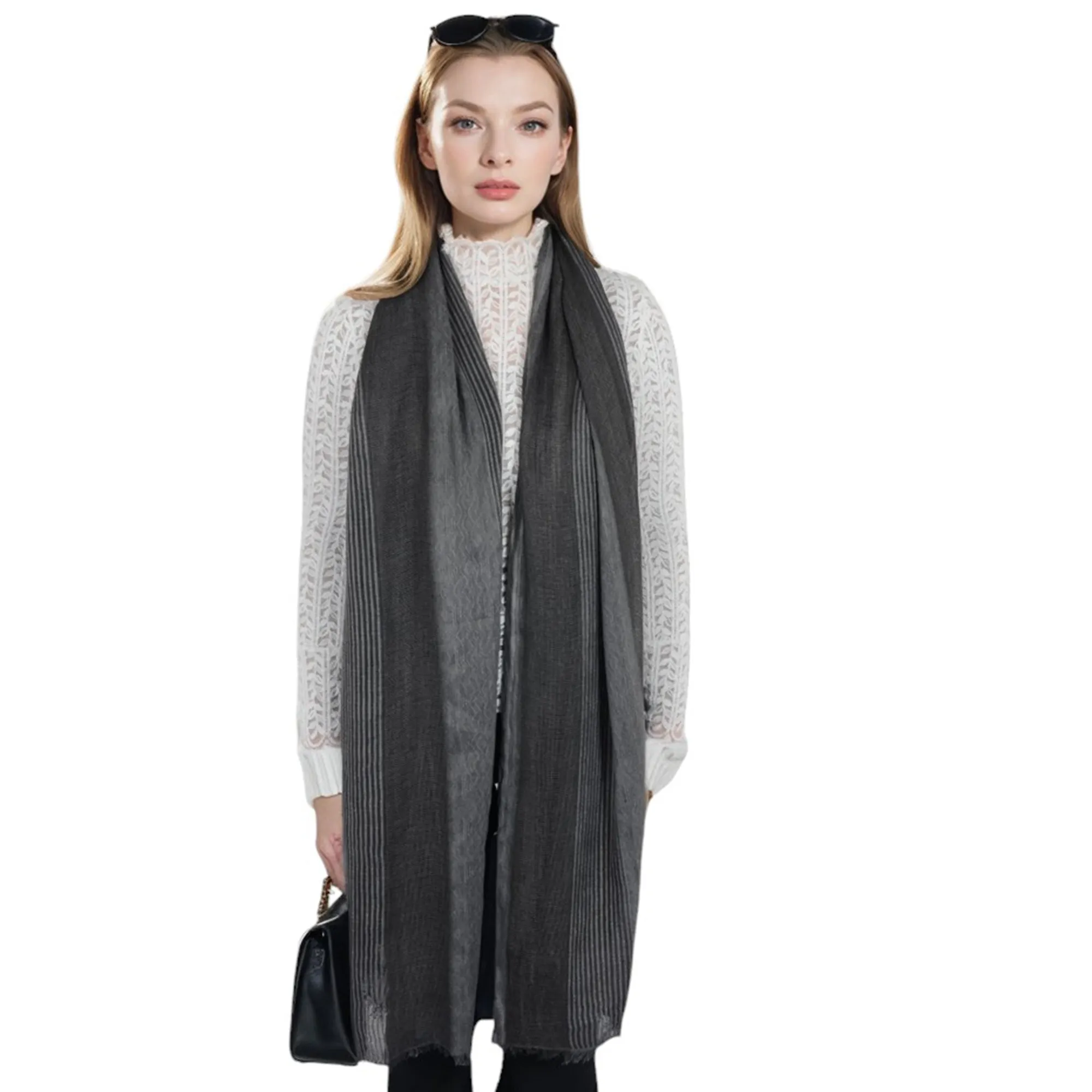 Anna-Kaci Vintage Textured Striped Scarf Lightweight Fringed Soft Warm Wrap Shawls for Women