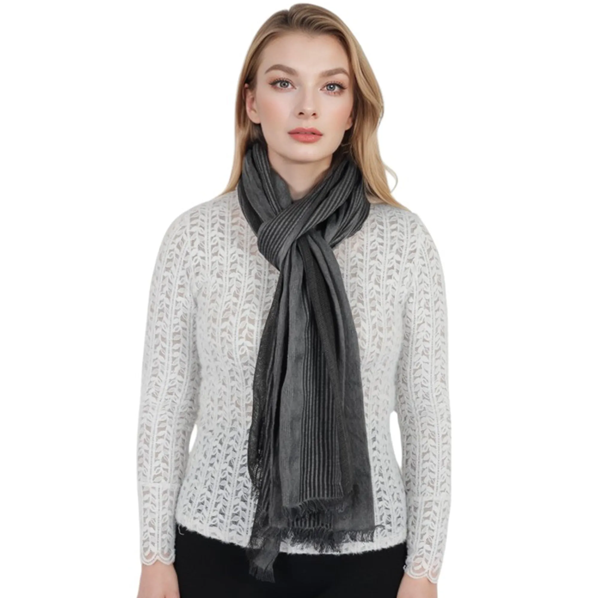 Anna-Kaci Vintage Textured Striped Scarf Lightweight Fringed Soft Warm Wrap Shawls for Women