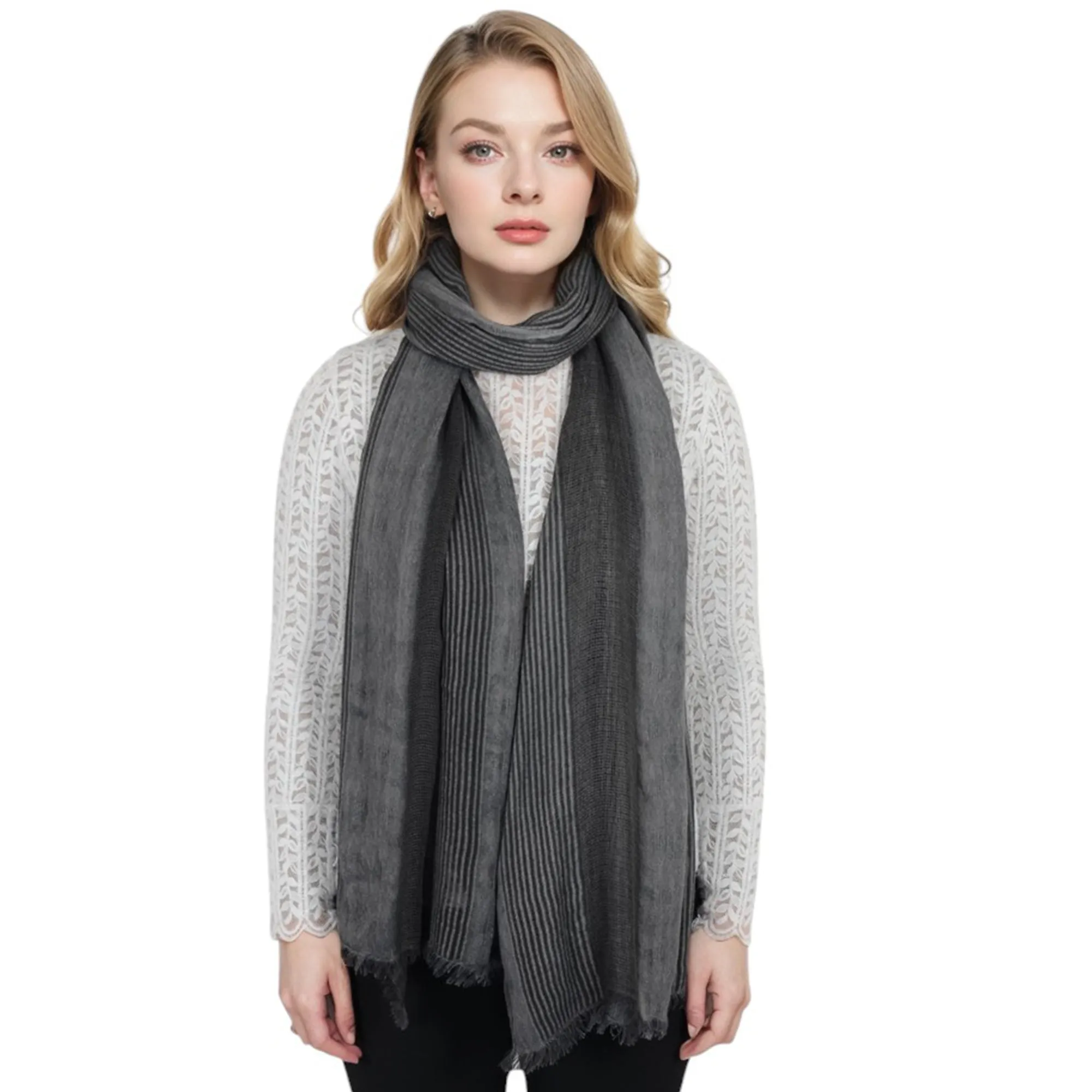 Anna-Kaci Vintage Textured Striped Scarf Lightweight Fringed Soft Warm Wrap Shawls for Women