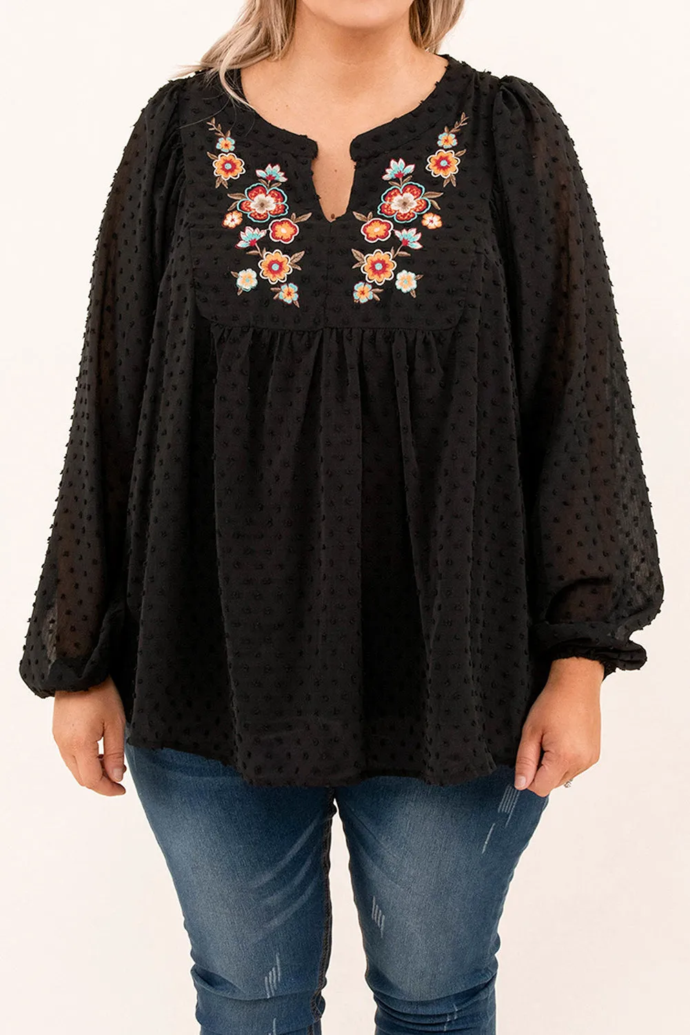 Black Embroidered Swiss Dot Texture Plus Size Blouse