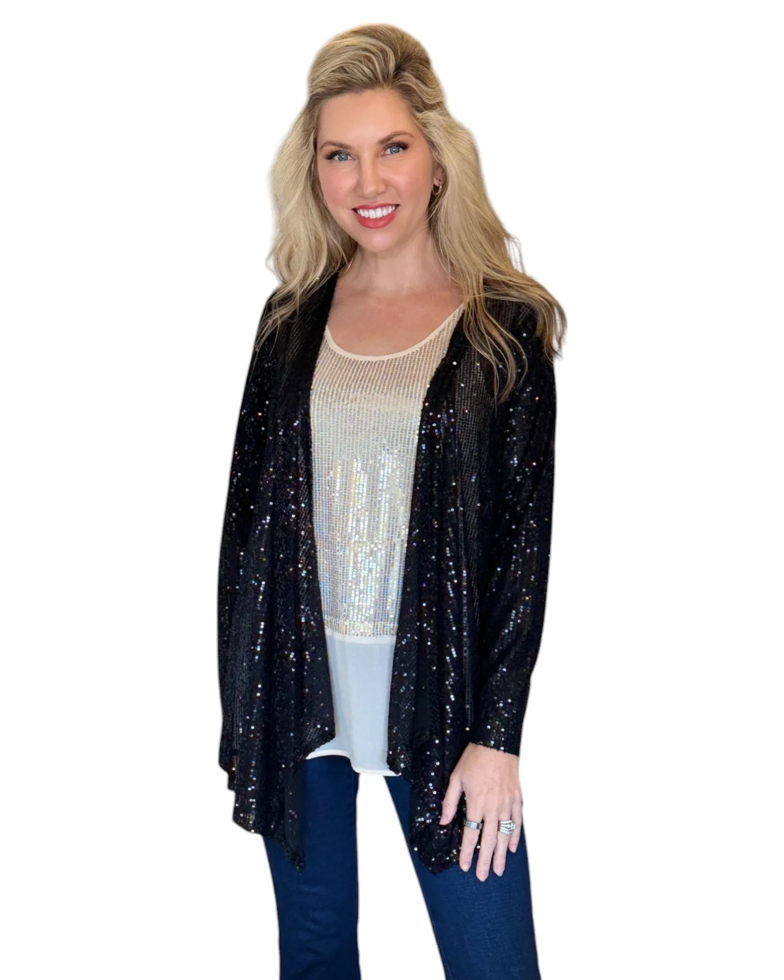 Black Sequin Open Cardigan Jacket
