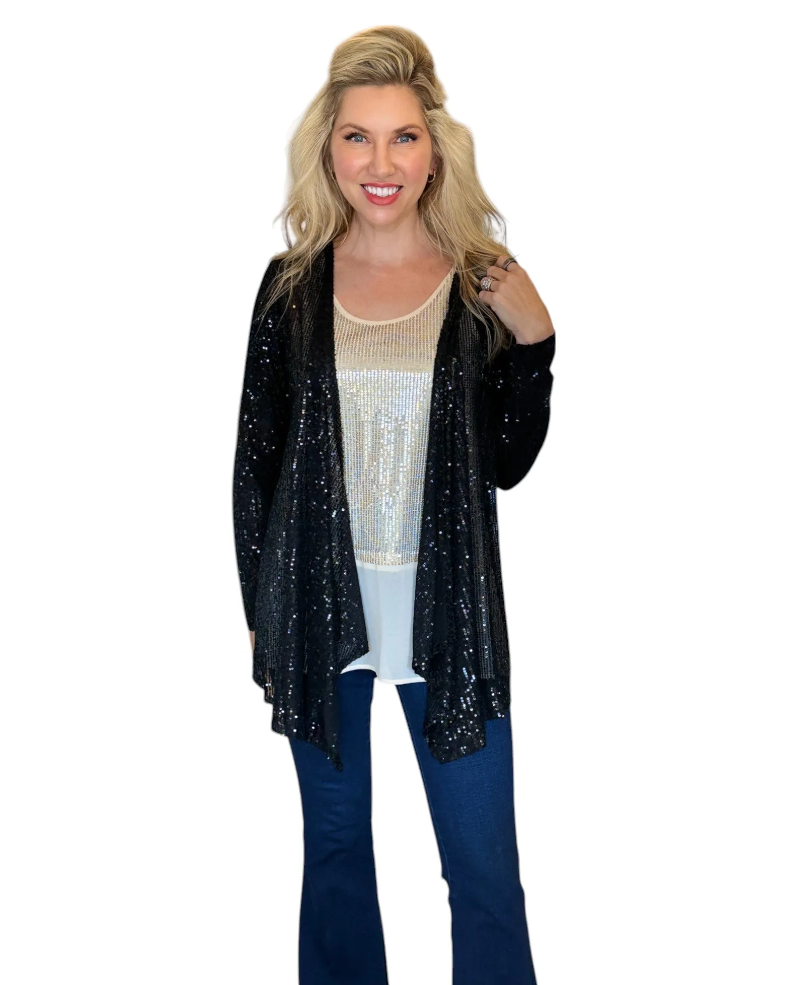 Black Sequin Open Cardigan Jacket