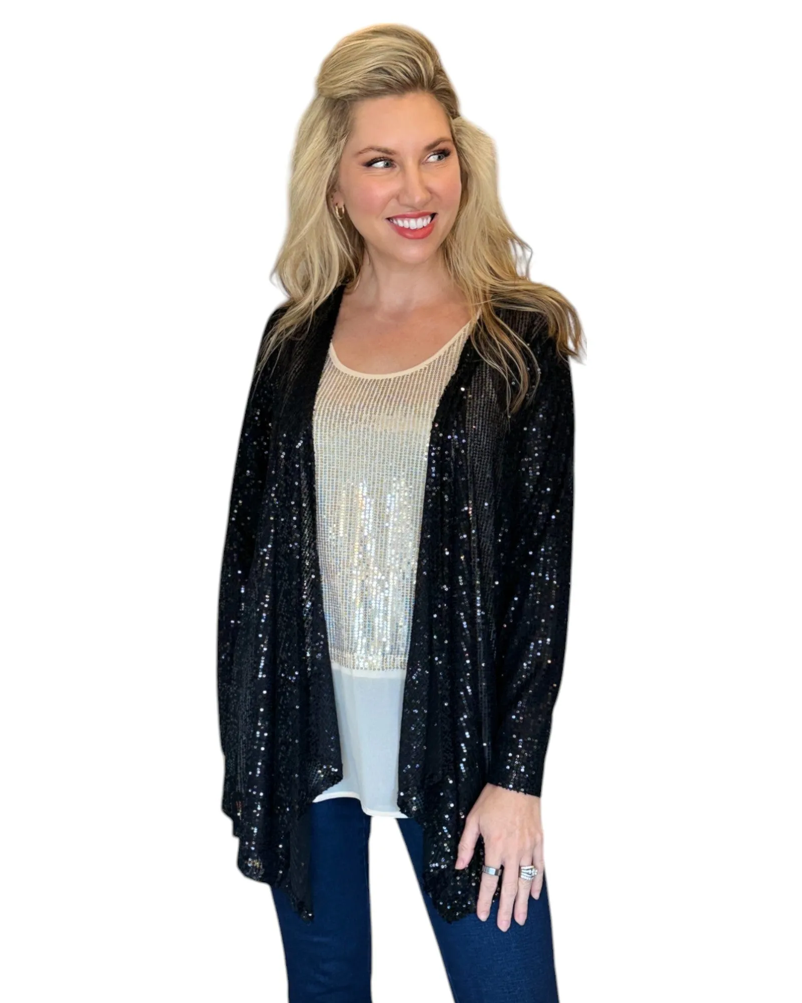 Black Sequin Open Cardigan Jacket
