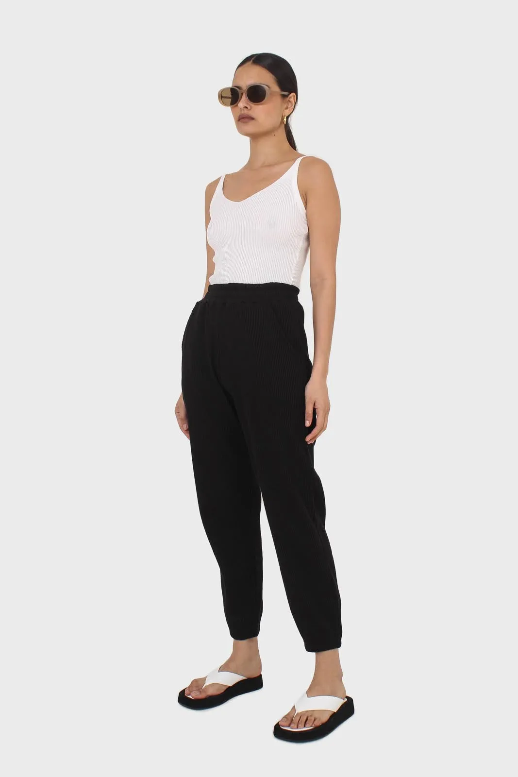 Black waffle textured relaxed trousers