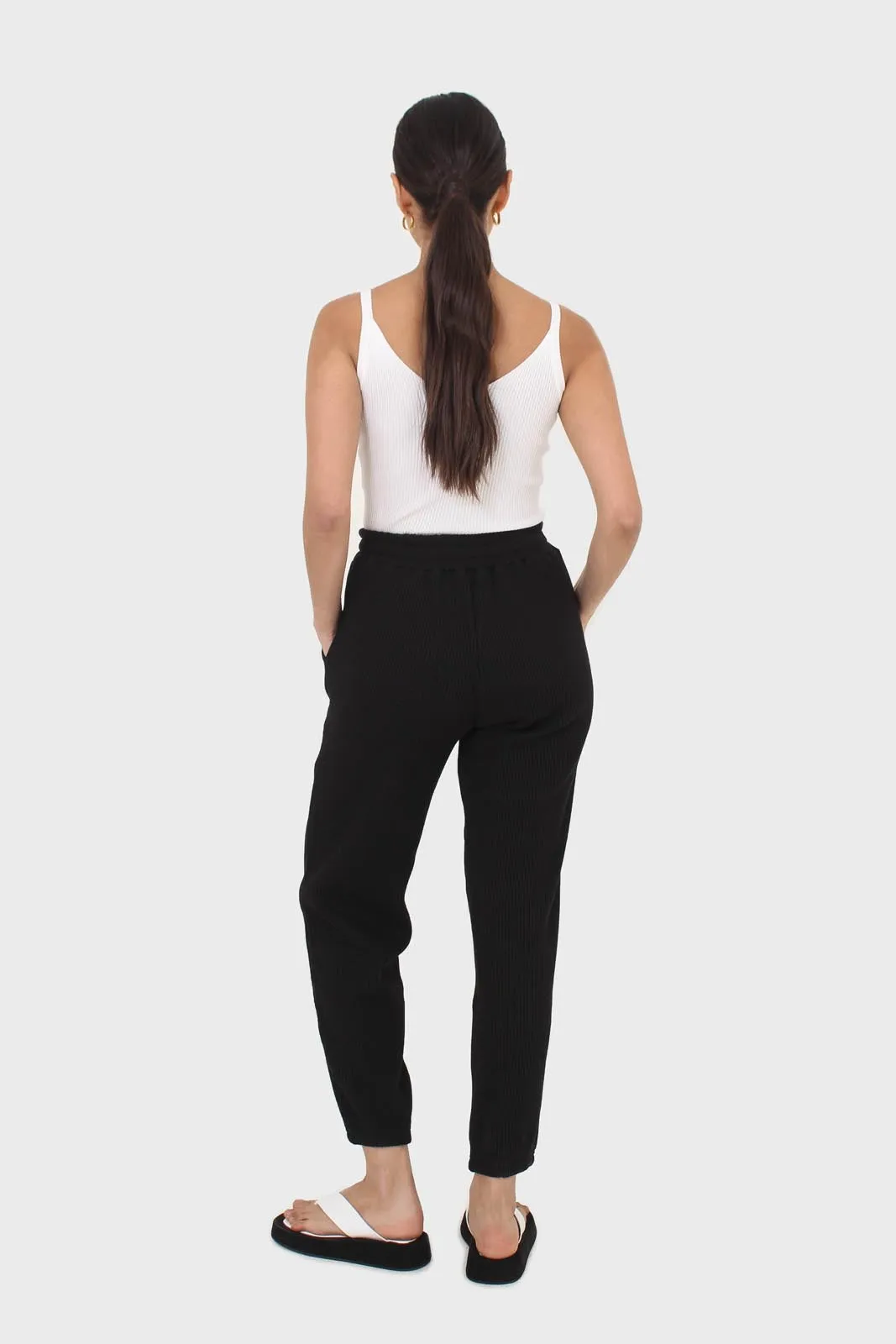 Black waffle textured relaxed trousers