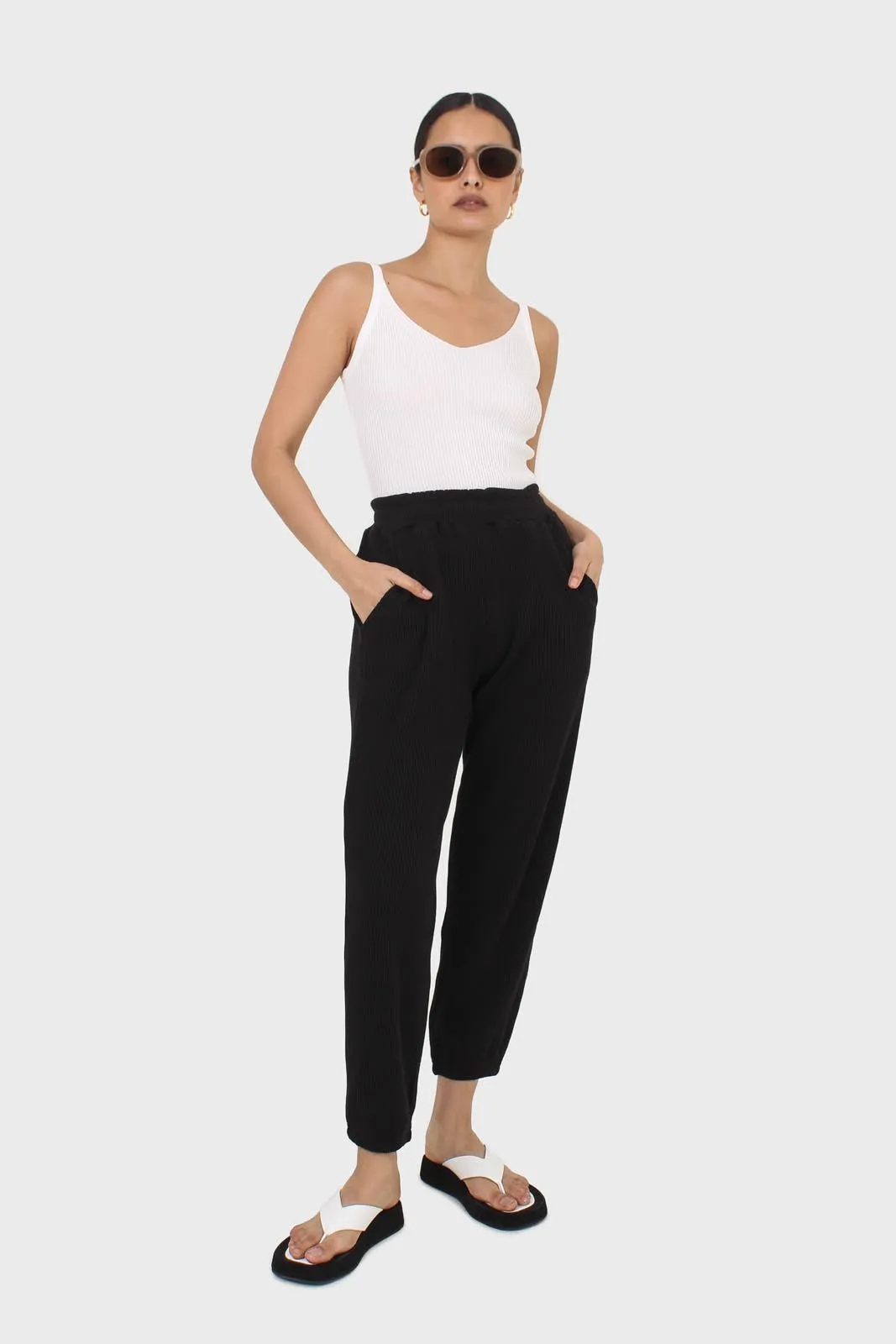 Black waffle textured relaxed trousers