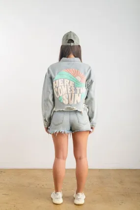 Blue Here Comes The Sun Crop Denim Jacket