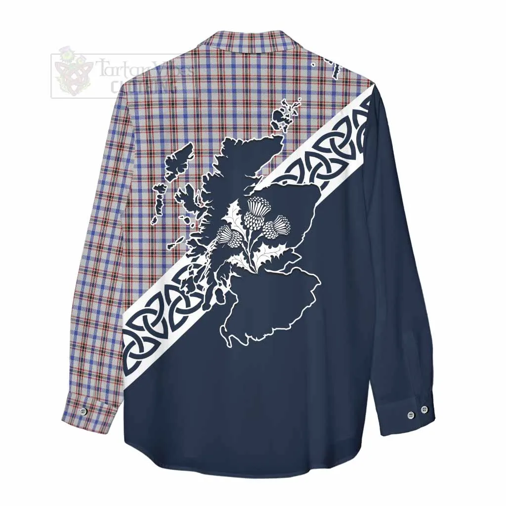 Boswell Tartan Women's Casual Shirt Featuring Thistle and Scotland Map