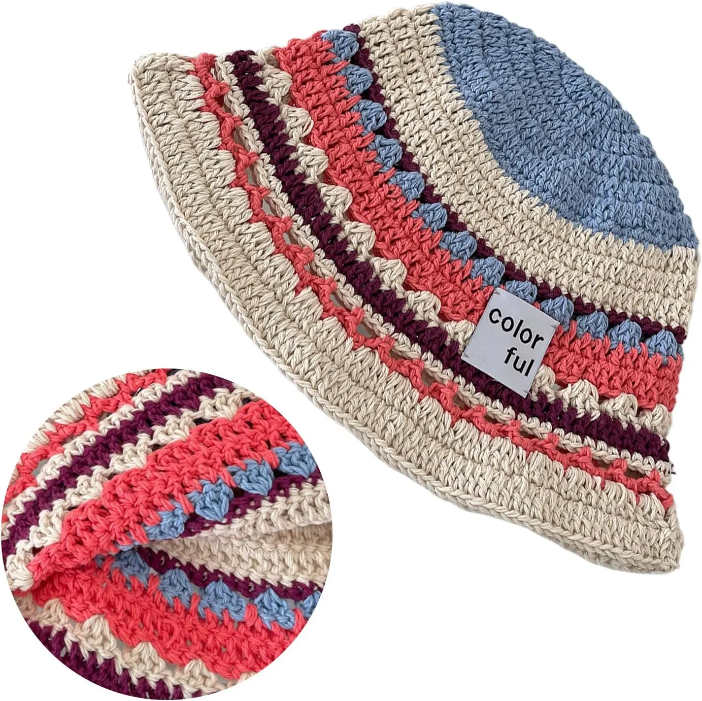 Bucket Hat,Elegant Colorful Bucket Hat Handwoven Breathable Crocheted Hat Holiday Vacation Hat Western Cloches Style