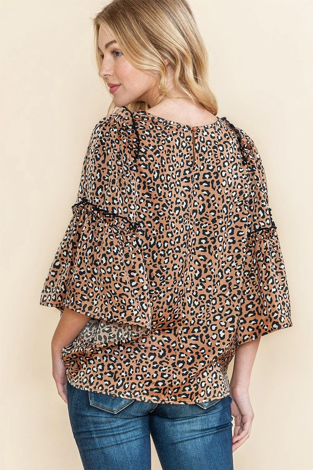 Chestnut Leopard Ruffle Flounce Sleeve Blouse
