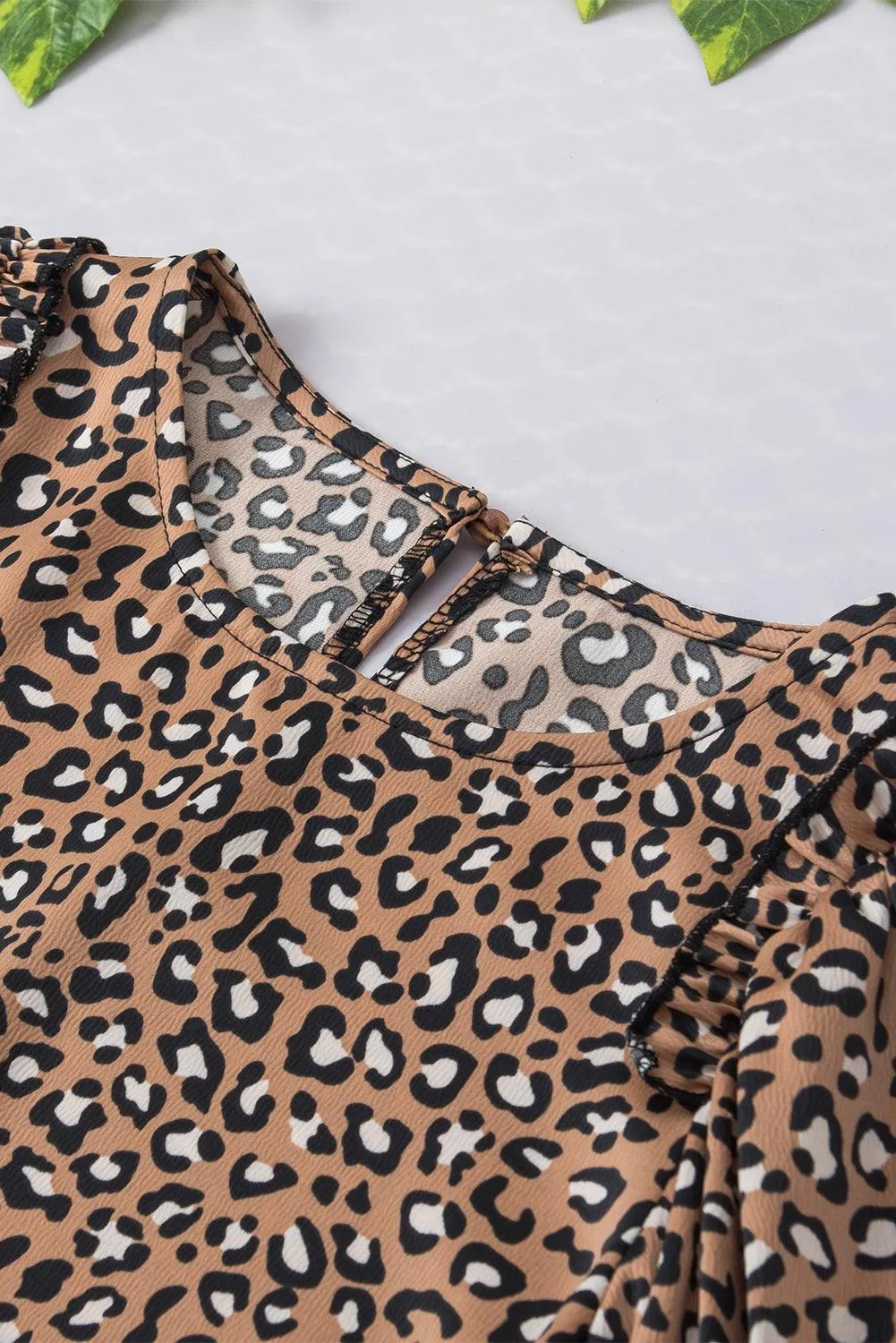 Chestnut Leopard Ruffle Flounce Sleeve Blouse