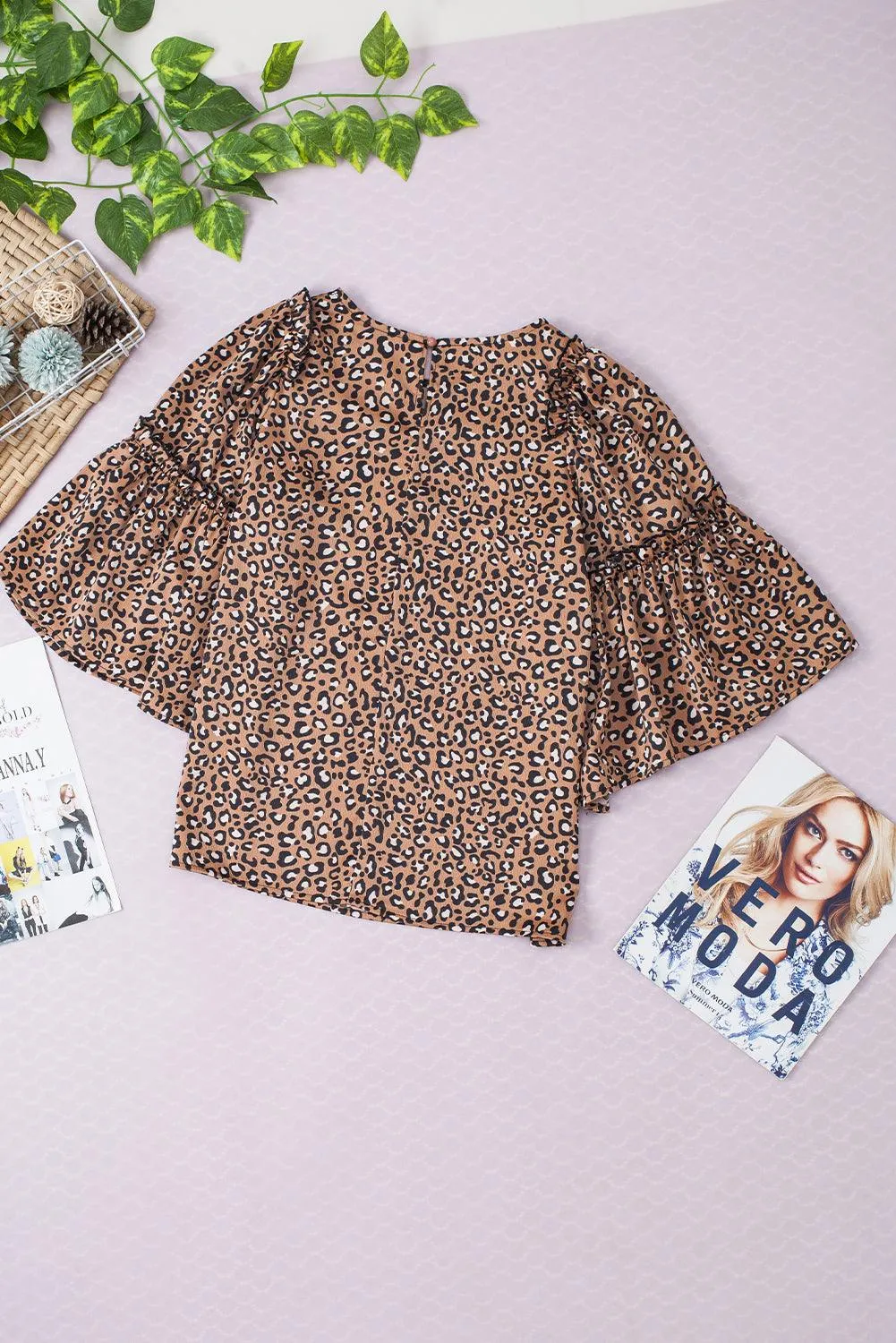 Chestnut Leopard Ruffle Flounce Sleeve Blouse