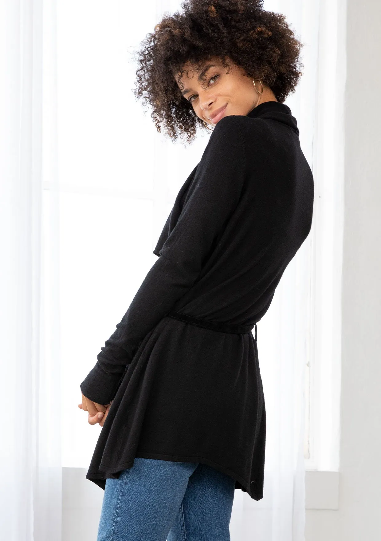Cozy Flowy Black Belted Cardigan