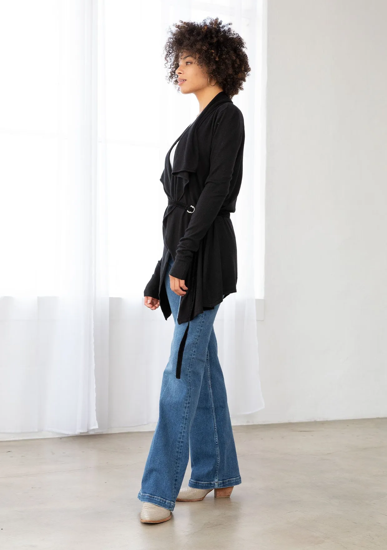 Cozy Flowy Black Belted Cardigan