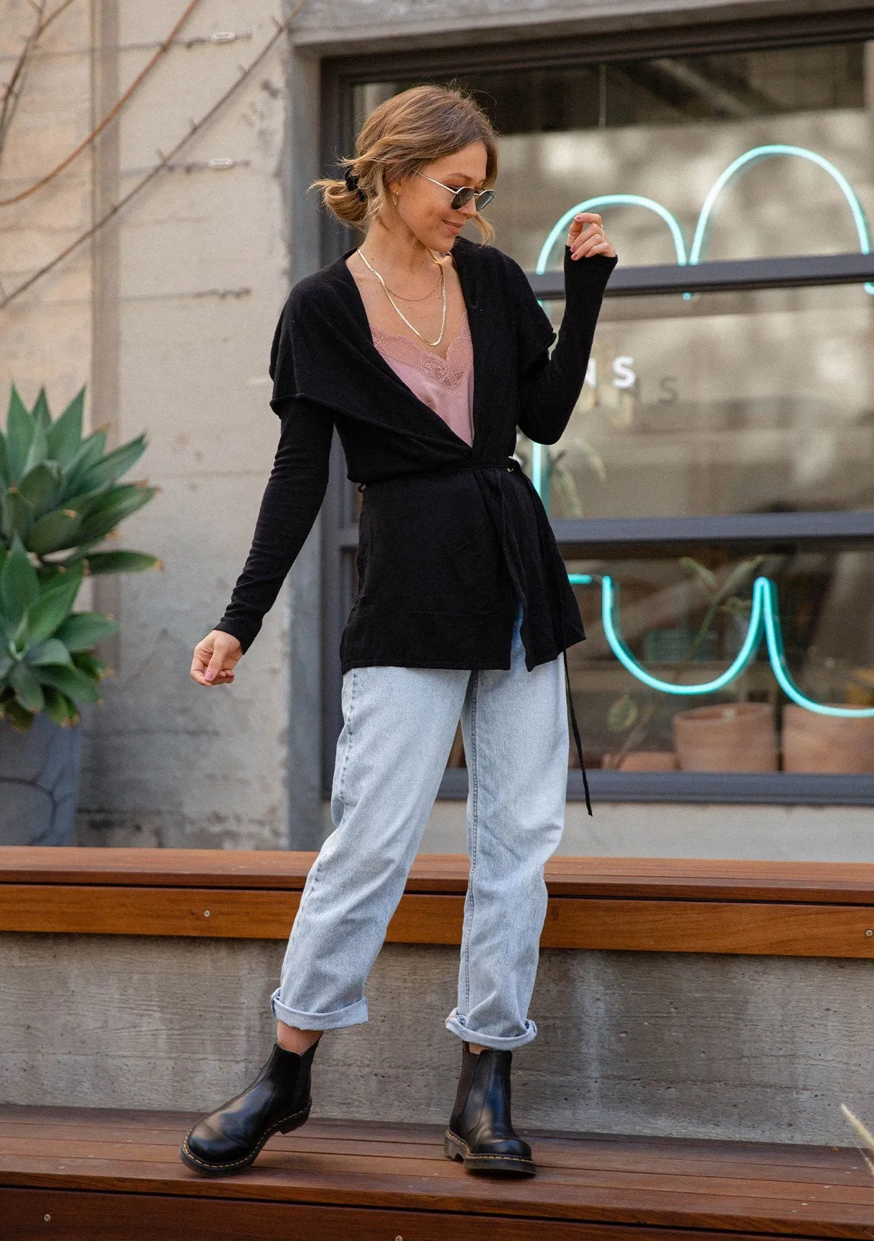 Cozy Flowy Black Belted Cardigan