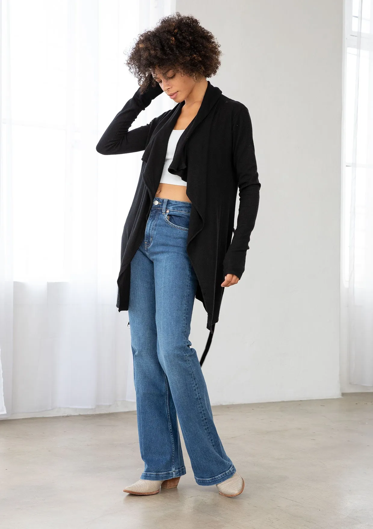 Cozy Flowy Black Belted Cardigan