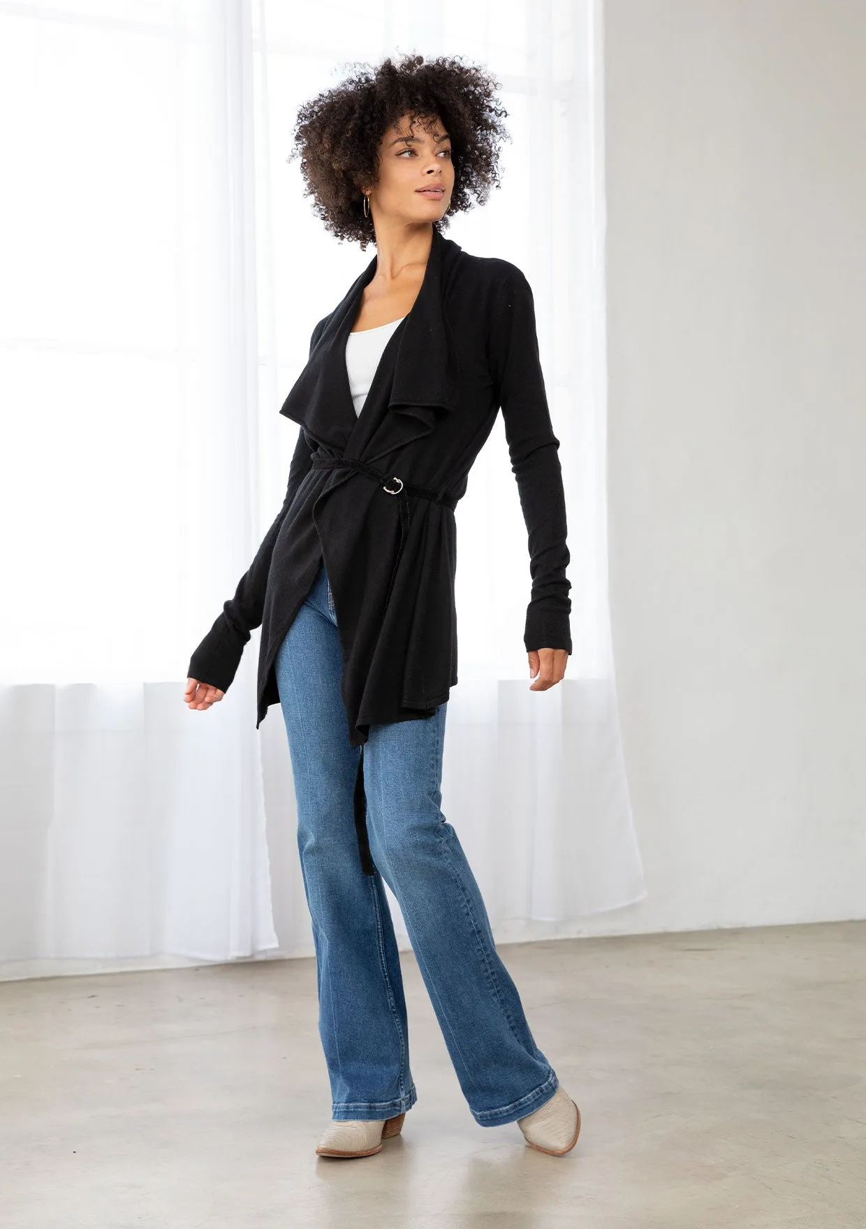 Cozy Flowy Black Belted Cardigan