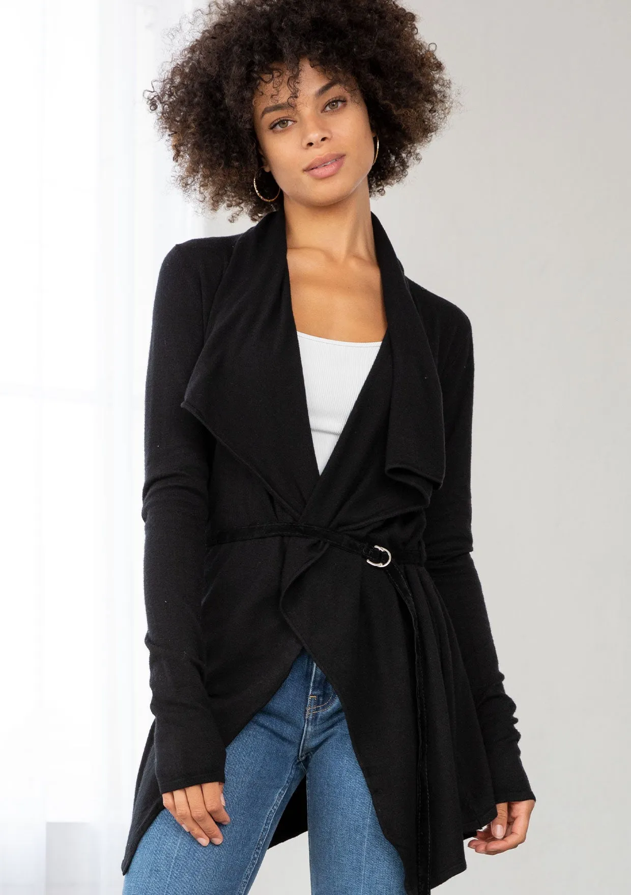 Cozy Flowy Black Belted Cardigan