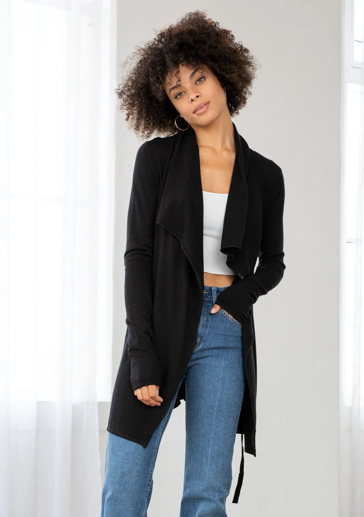 Cozy Flowy Black Belted Cardigan