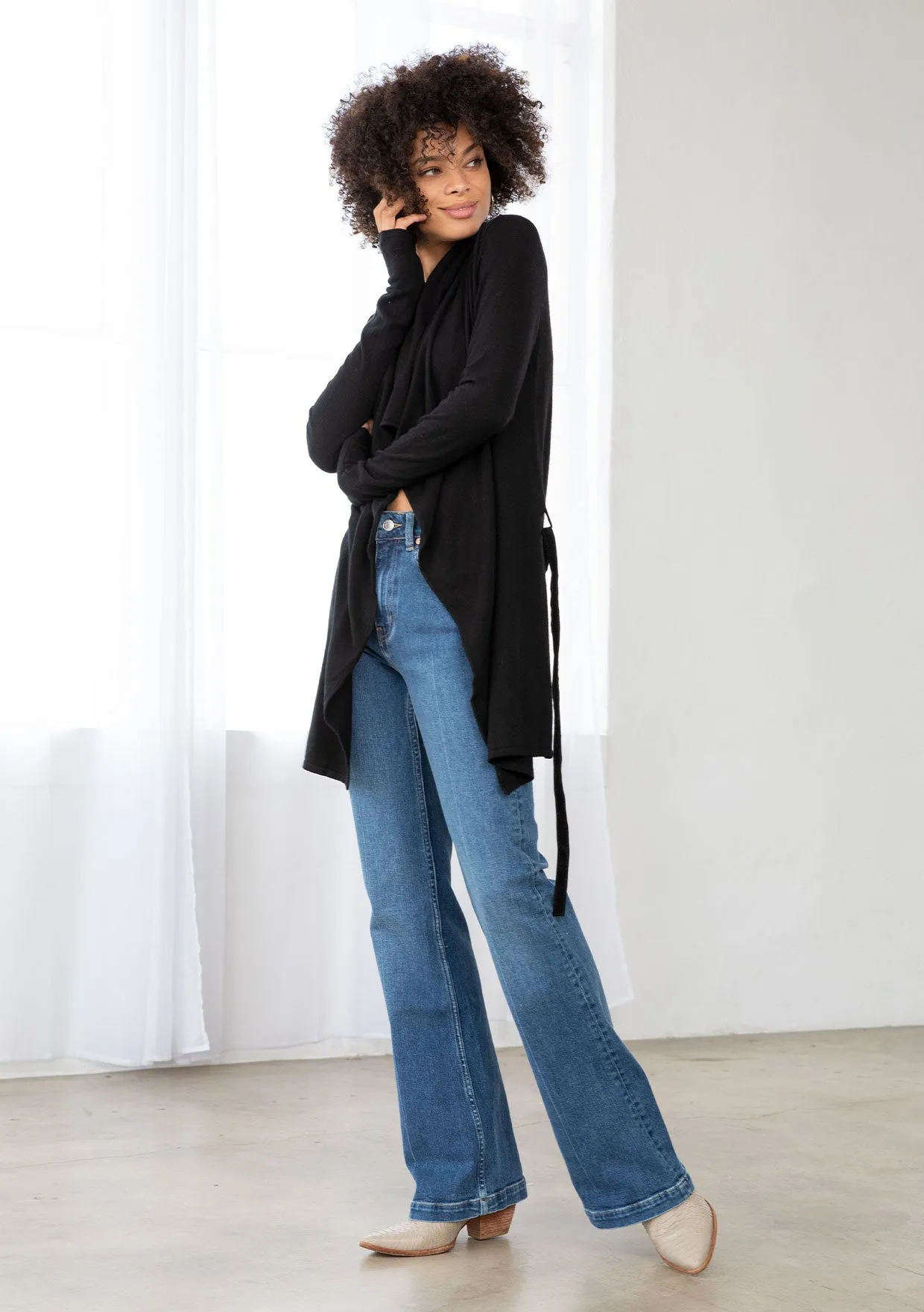 Cozy Flowy Black Belted Cardigan