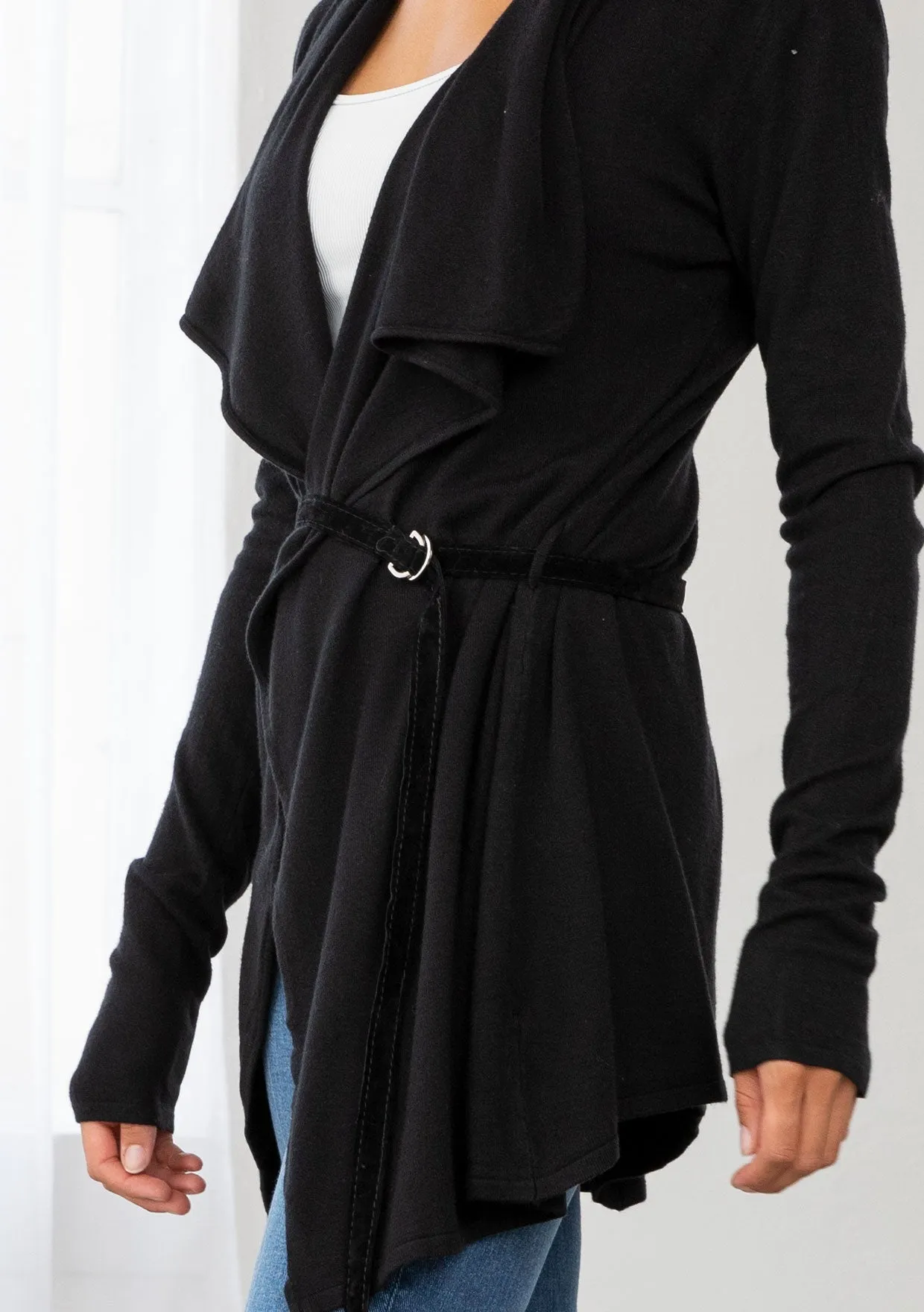 Cozy Flowy Black Belted Cardigan