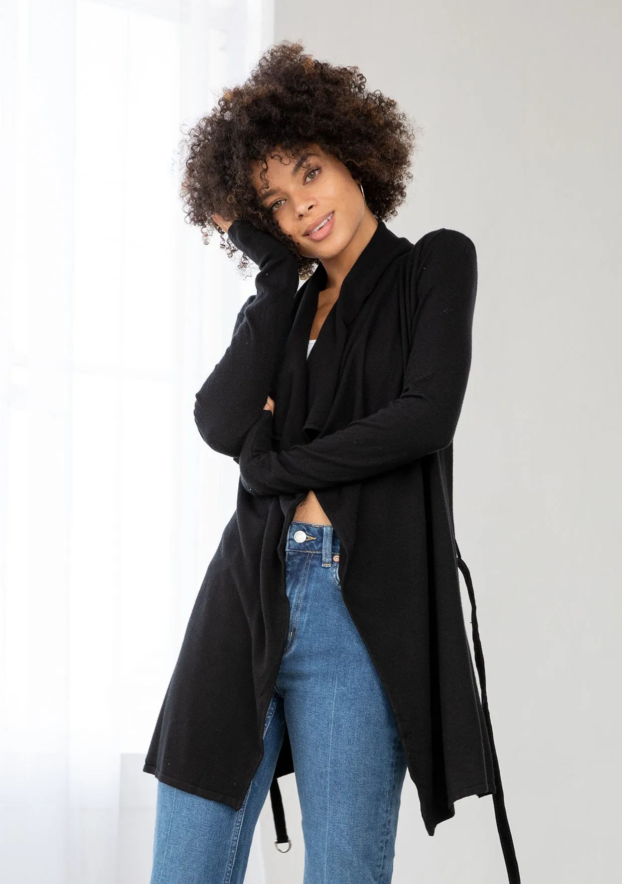 Cozy Flowy Black Belted Cardigan