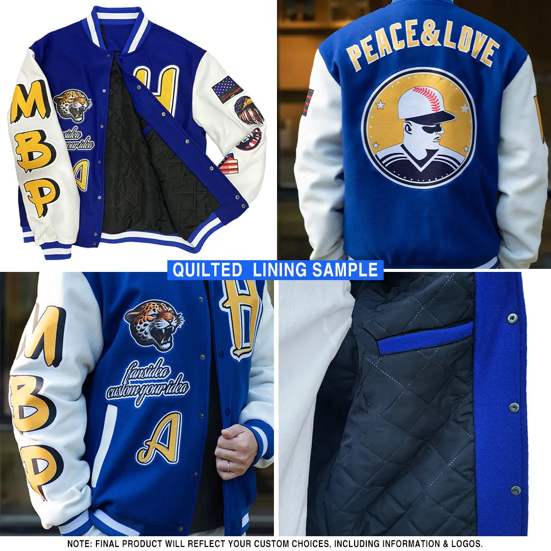 Custom Brown Light Blue-White Bomber Full-Snap Varsity Letterman Jacket