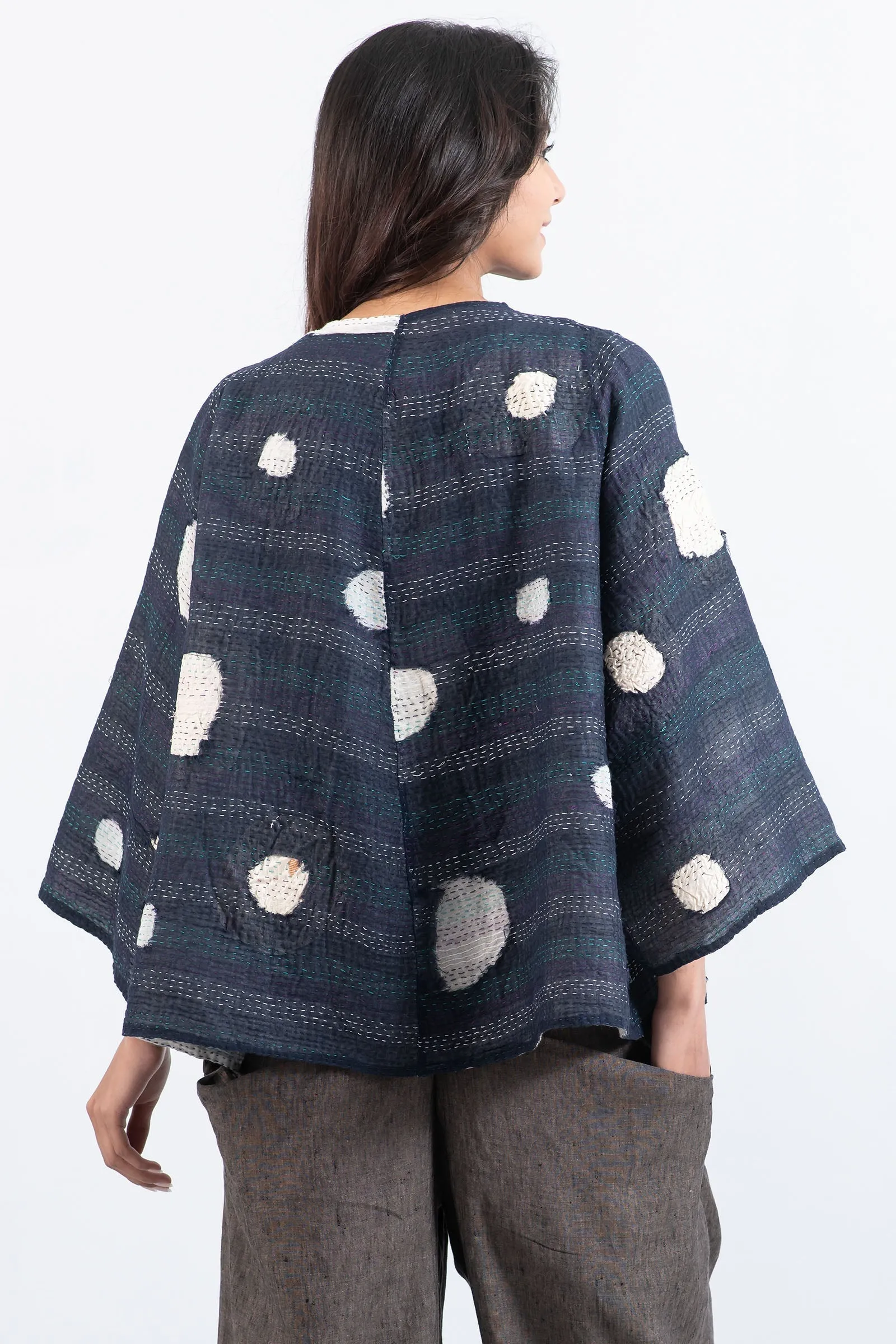 CUT THROUGH DOT AND HOLES KANTHA BELL SHAPE JKT - cd2048-blu -