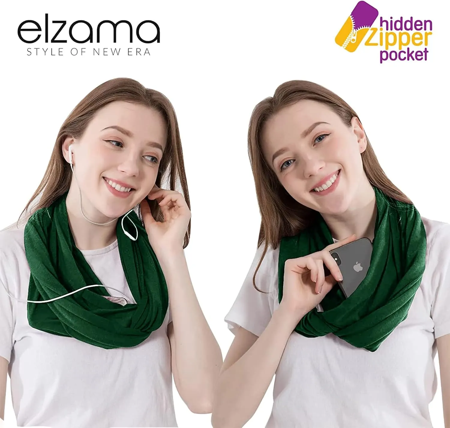 elzama Infinity Loop Solid Color Scarf With Hidden Zipper Pocket For Women - Lightweight Travel Neck Wrap