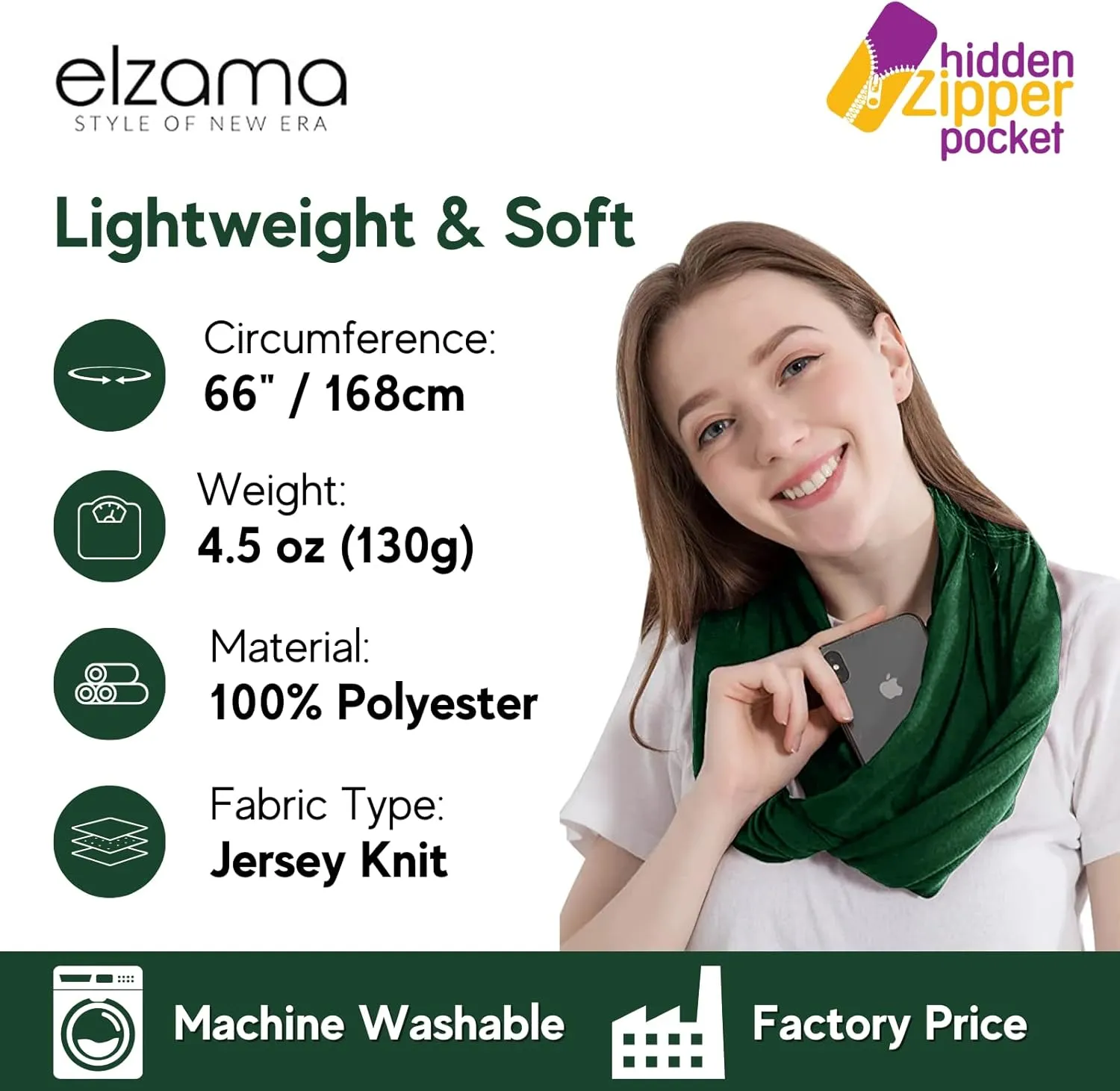 elzama Infinity Loop Solid Color Scarf With Hidden Zipper Pocket For Women - Lightweight Travel Neck Wrap