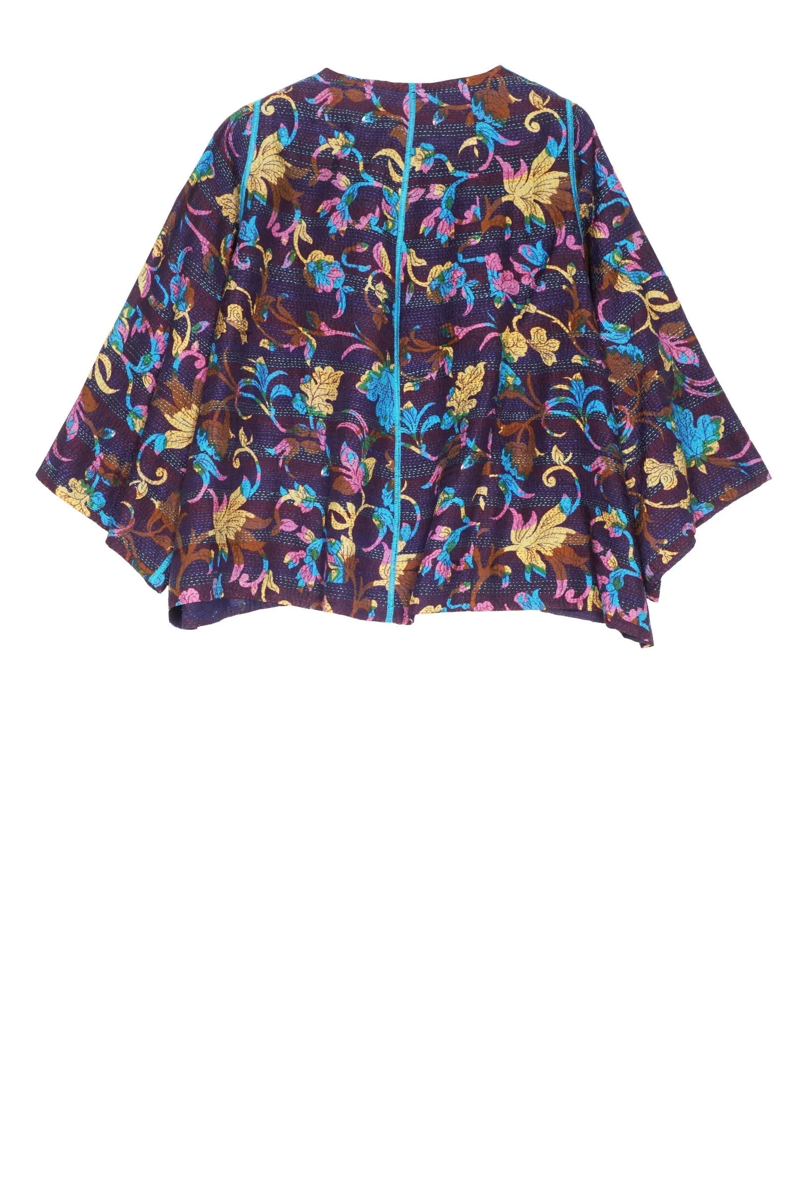 FLORAL SILK PRINT KANTHA BELL SHAPE JACKET - fs2048-nvy -