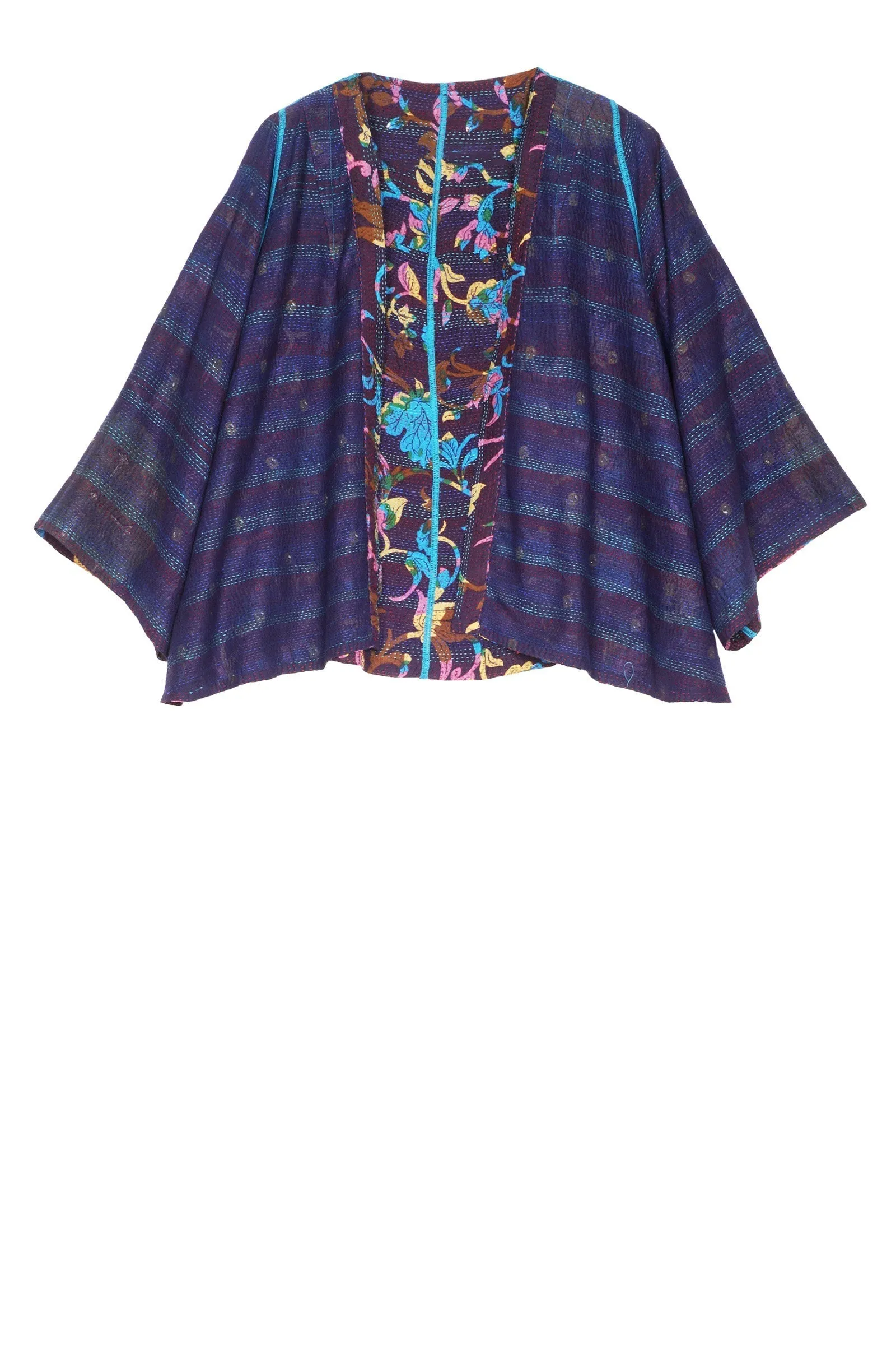 FLORAL SILK PRINT KANTHA BELL SHAPE JACKET - fs2048-nvy -