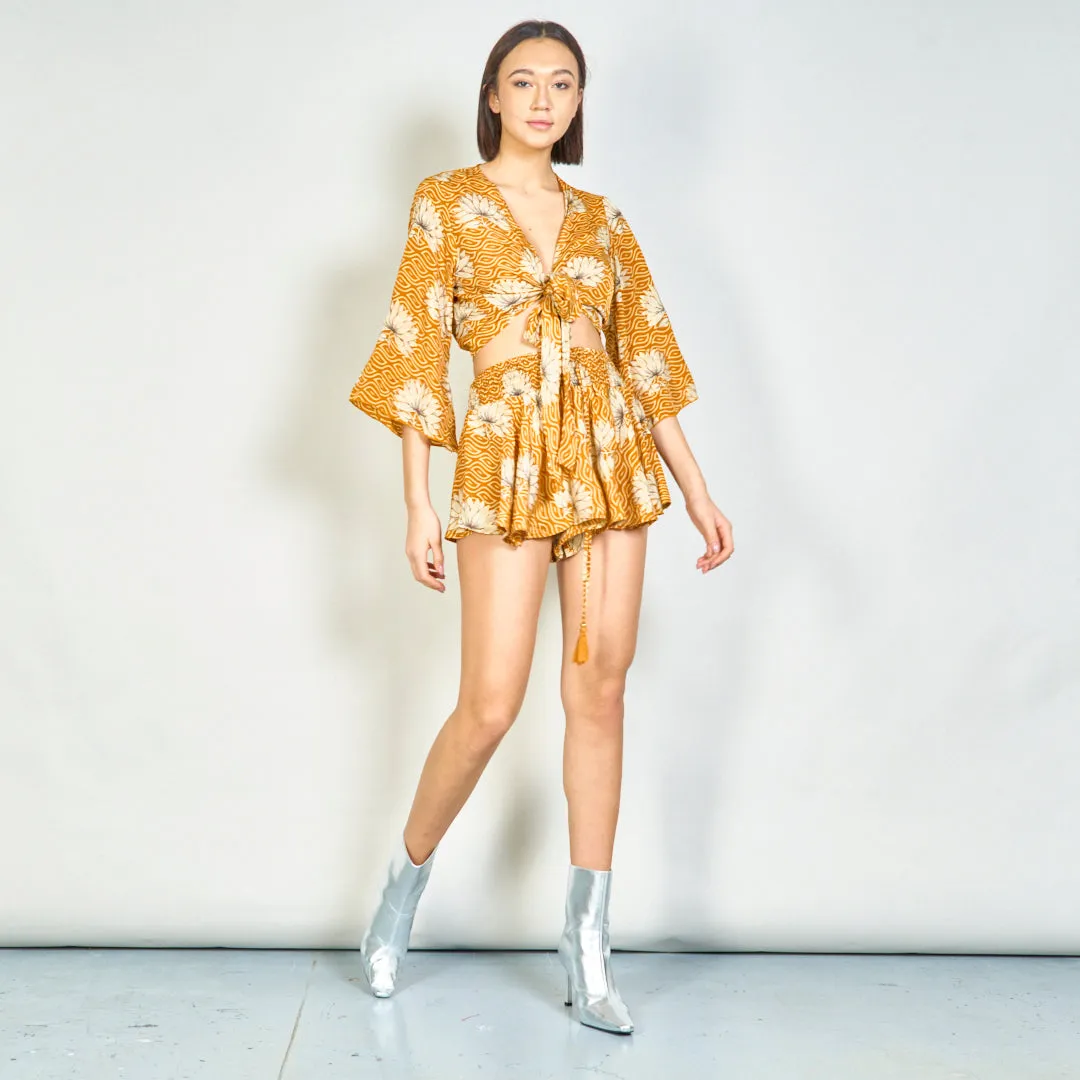 Floral tie-front blouse and smocked shorts set wholesale