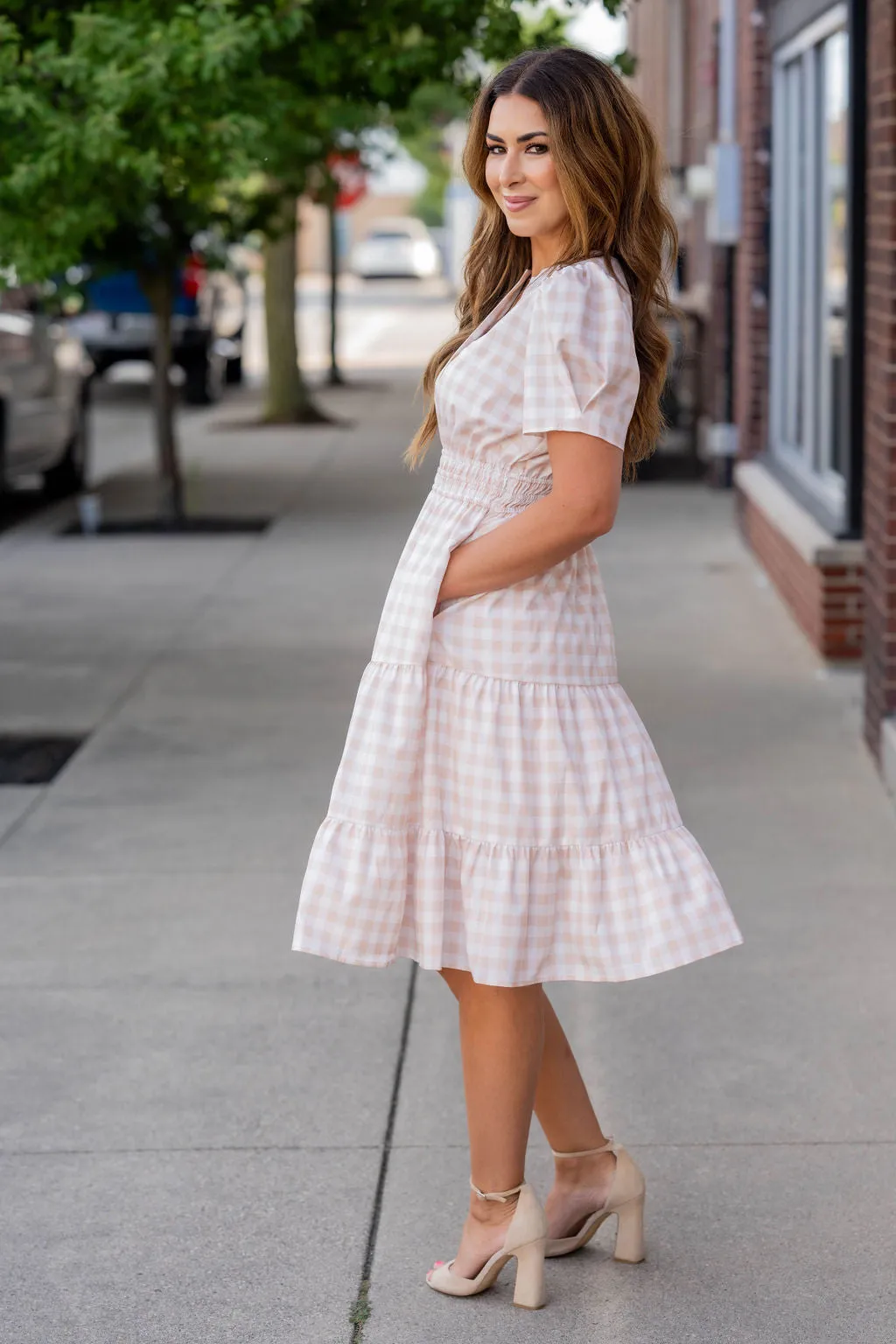 Gingham Short Sleeve Tiered Dress