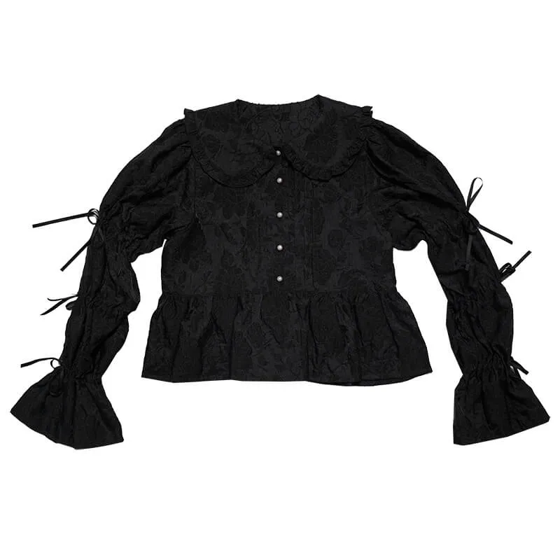 Girly Ribbon Bows Puff Sleeve Jacquard White Blouse