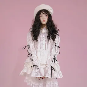 Girly Ribbon Bows Puff Sleeve Jacquard White Blouse