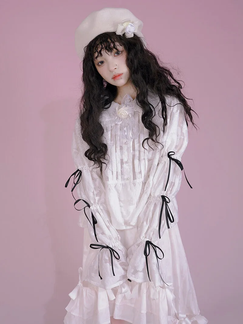 Girly Ribbon Bows Puff Sleeve Jacquard White Blouse