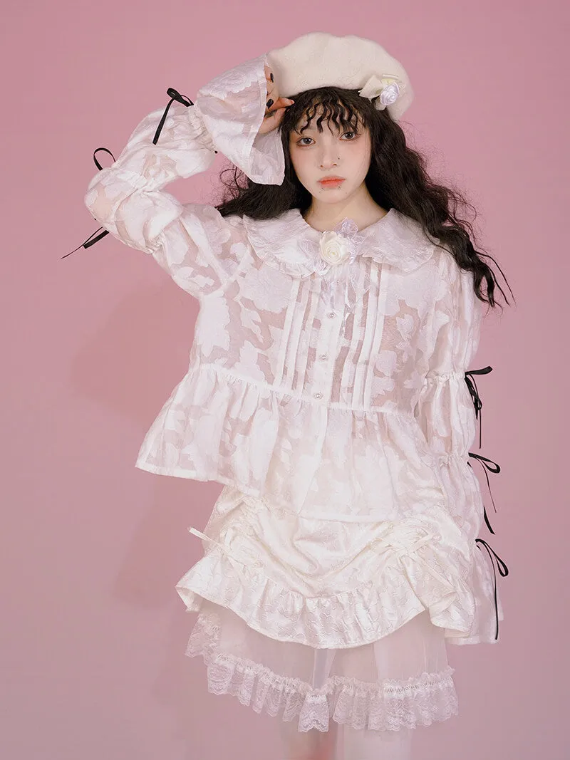 Girly Ribbon Bows Puff Sleeve Jacquard White Blouse