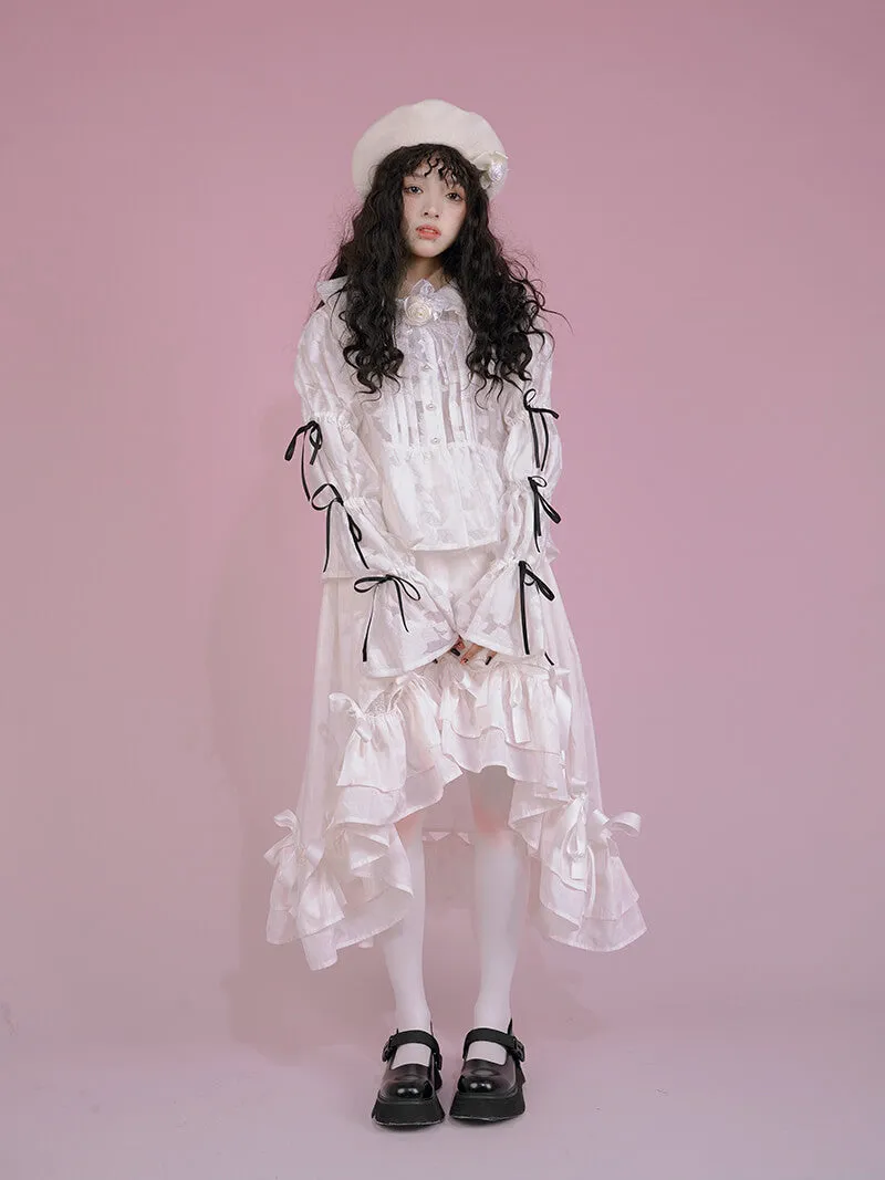 Girly Ribbon Bows Puff Sleeve Jacquard White Blouse