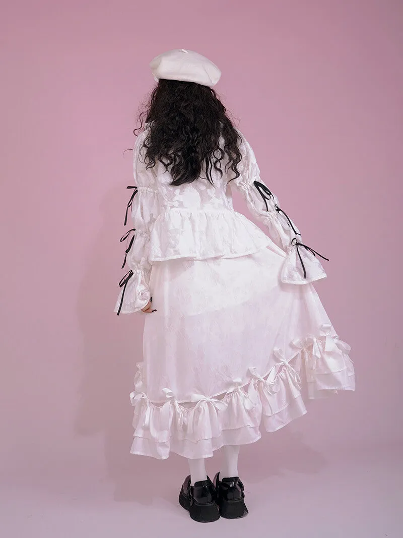 Girly Ribbon Bows Puff Sleeve Jacquard White Blouse