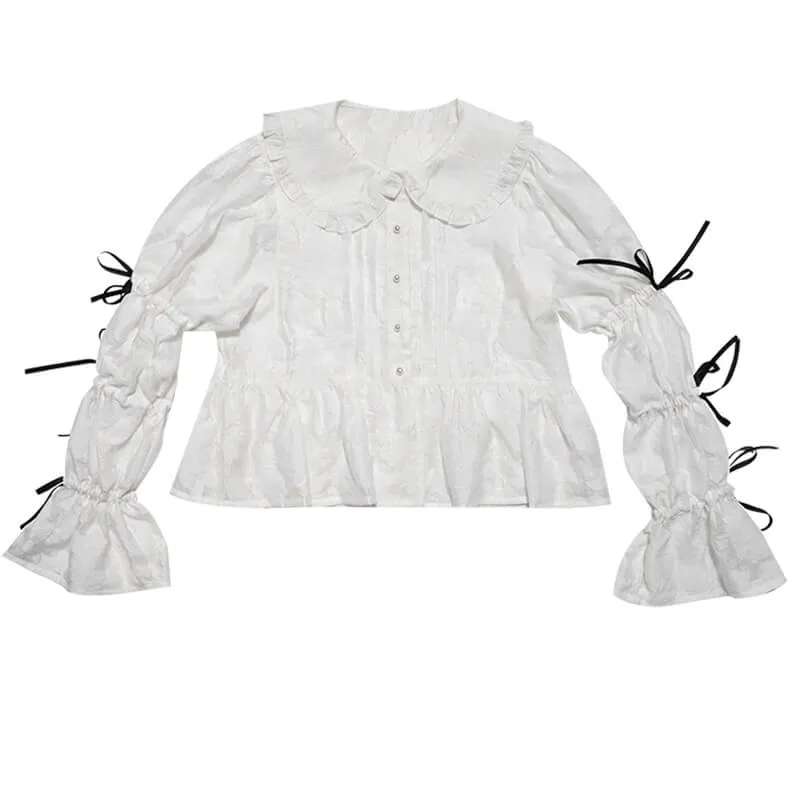 Girly Ribbon Bows Puff Sleeve Jacquard White Blouse